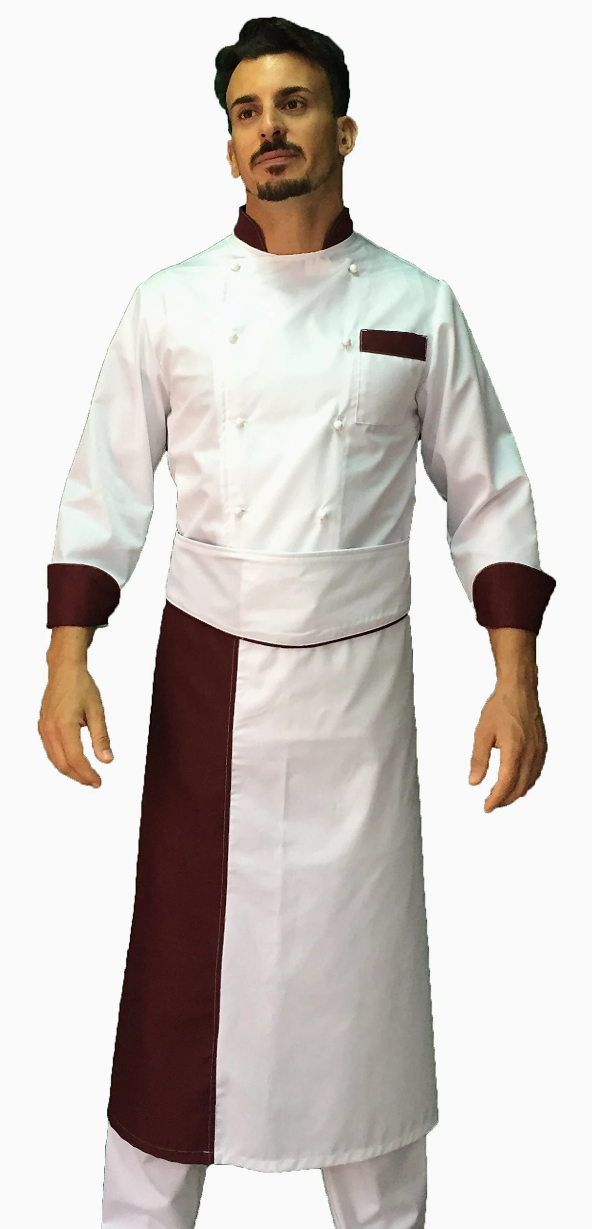 Bordado gratuito – Conjunto de cocinero para hombre – uniforme de chef – Varios colores – Chaqueta, pantalón y delantal – 100% algodón – Uniforme para cocina y restaurante, Blanco E