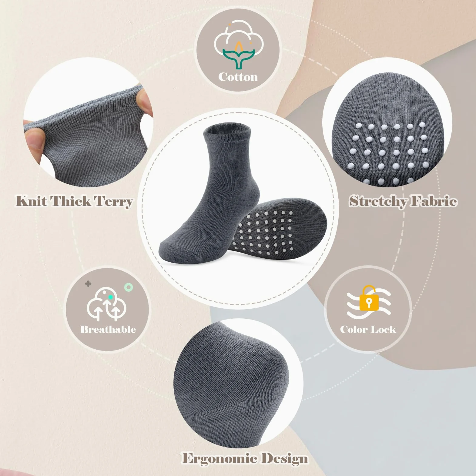 JAKIDAR Paquete de 12 calcetines de bebé para niños pequeños, de algodón antideslizante, calcetines tripulados para niños, niñas, bebés y niños, marrón, azul índigo, Haze Caqui, gris, 12-24 meses