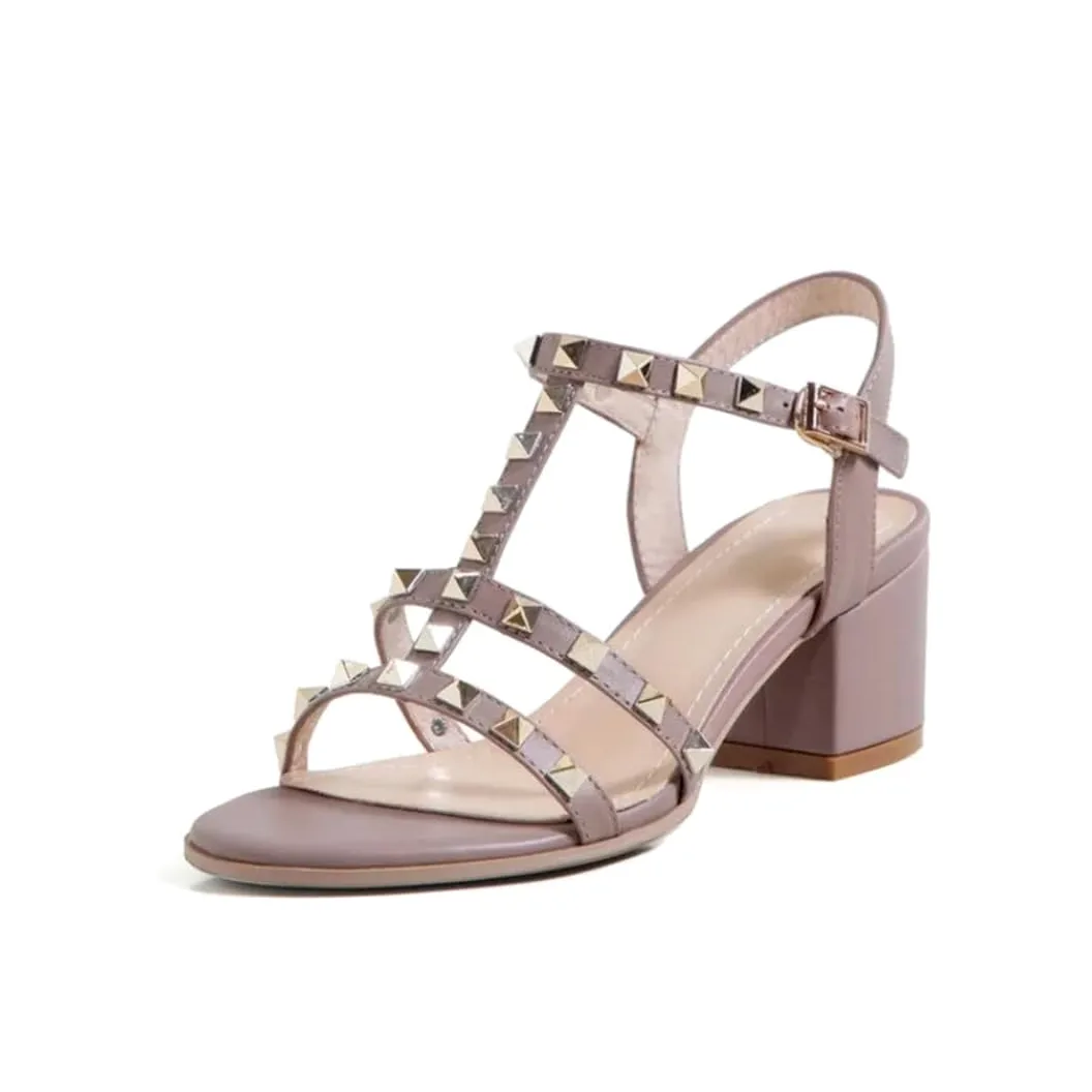 Sandalias punk con hebilla y correa al tobillo para mujer, tacón cuadrado, con tachuelas, de cuero, tachuelas, para oficina, carrera, tacón alto