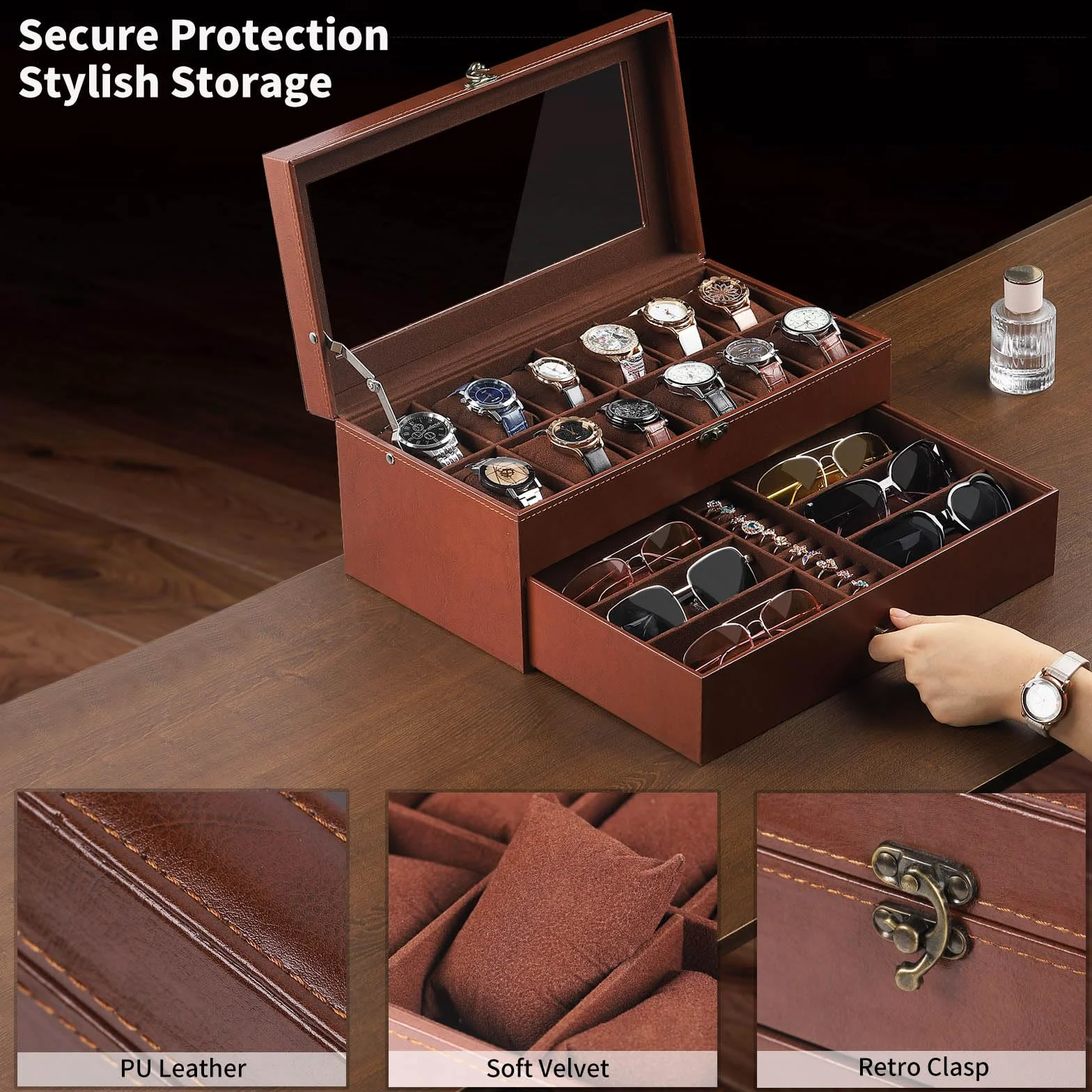 AUTOARK Caja de cuero y terciopelo para 12 relojes y organizador de lentes de sol de 6 piezas, 2 capas con 1 cajón, con cerradura, parte superior de cristal grande, MKAW041