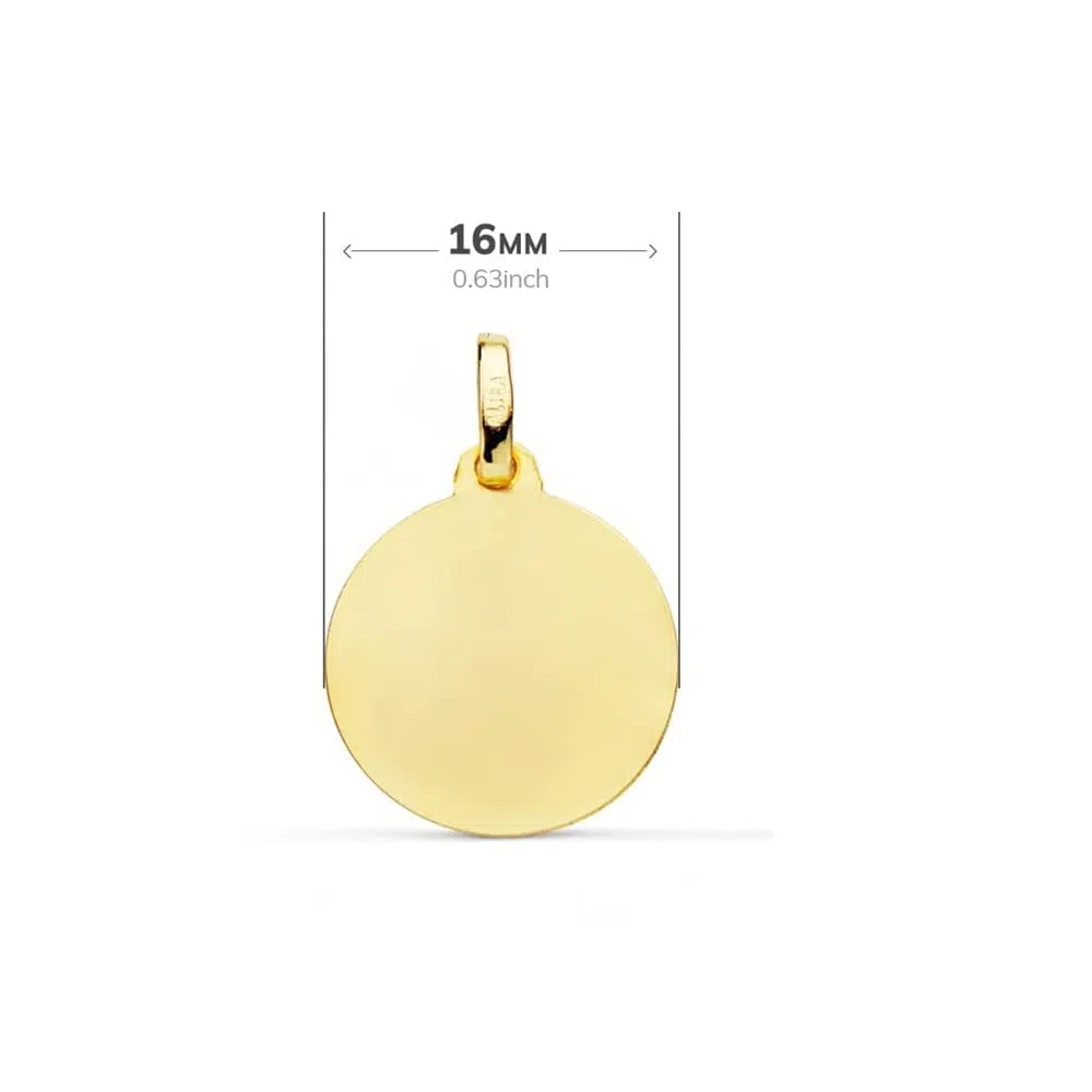 Virgen Niña medalla oro 18k Primera Comunión colgante 16mm. bisel liso - Personalizable - GRABACIÓN INCLUIDA EN EL PRECIO