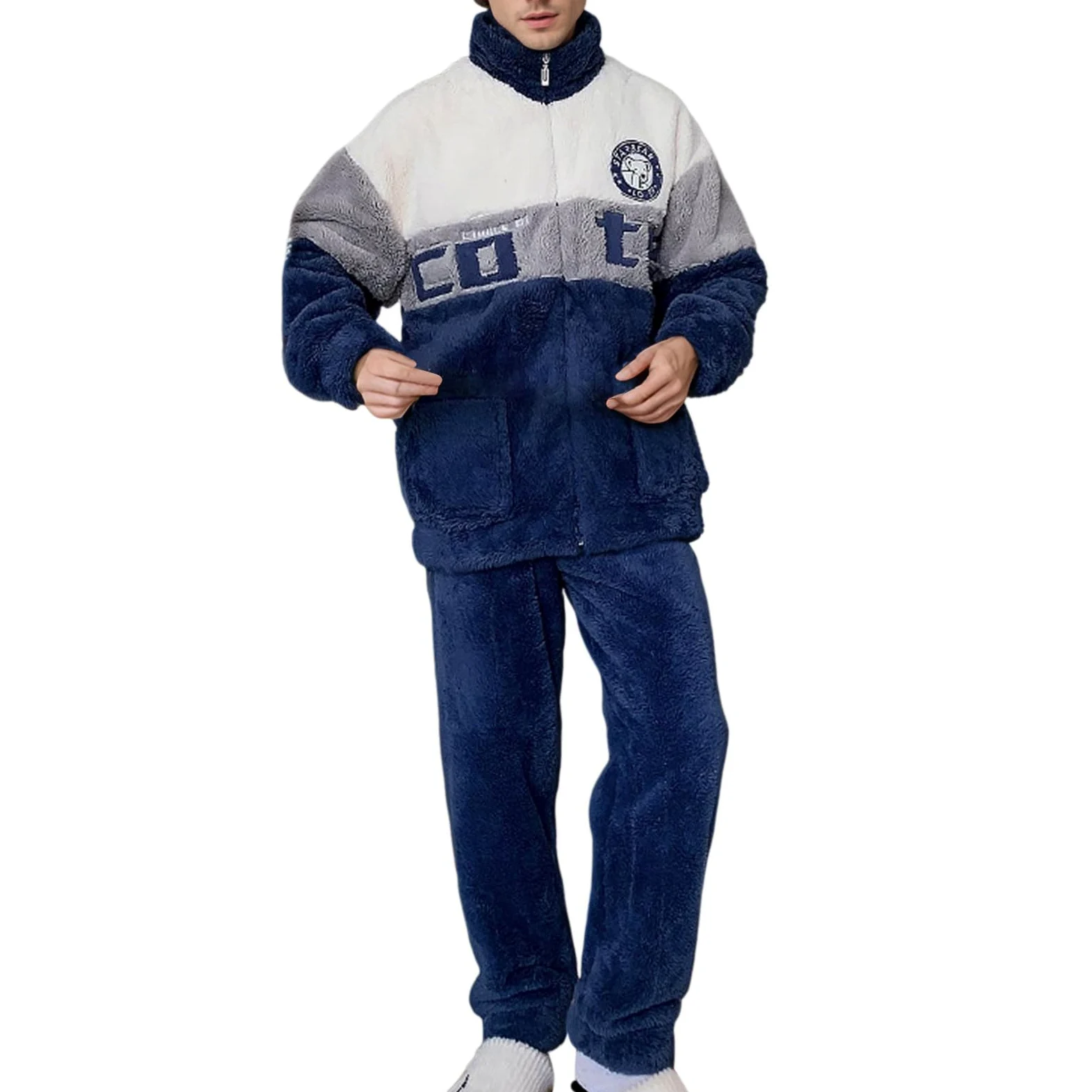 Pijama para hombre Conjunto de pijama Albornoz Hombre Pijamas Otoño e Invierno Forro Polar Coral Engrosado Ocio Cremallera Talla Grande Traje Invierno Cálido Ropa de Hogar
