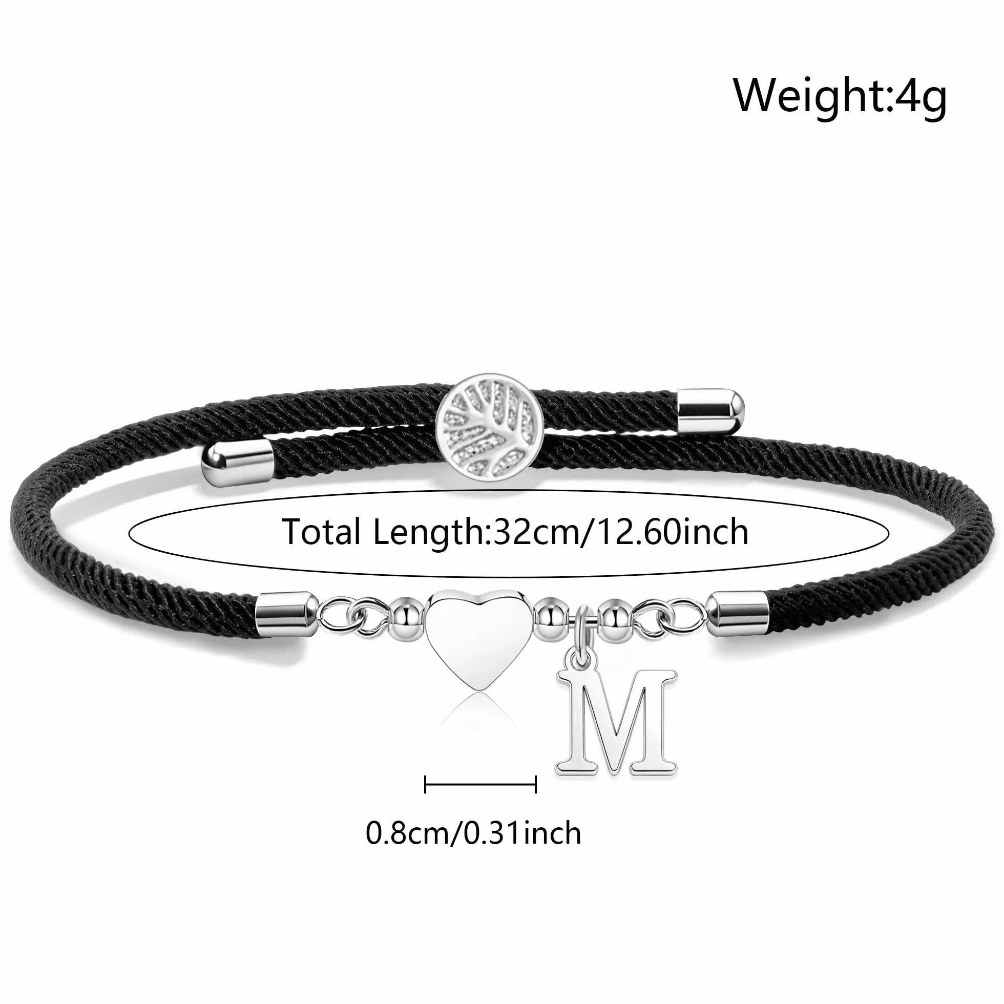 Pulsera de Cuerda Trenzada Hecha a Mano con Corazón de Plata Ajustable 26 Iniciales A-Z