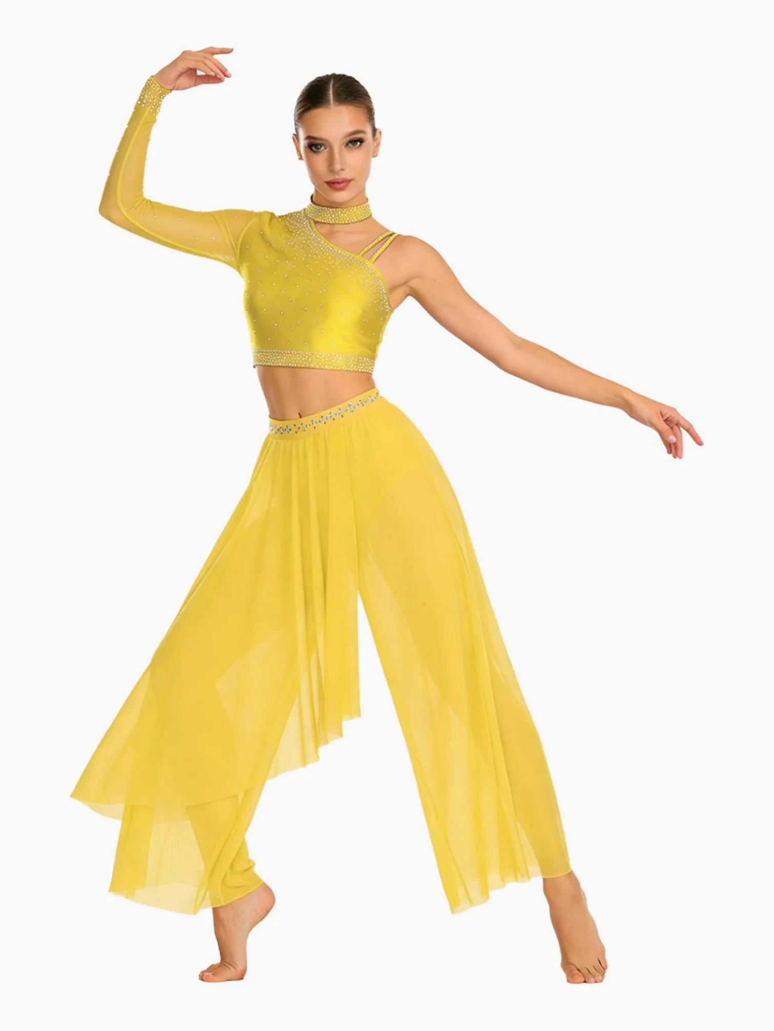 inlzdz Ropa De Baile Lírico De Dos Piezas para Mujer Top Un Hombro + Pantalones De Pierna Ancha Conjundo De Patinaje Artístico