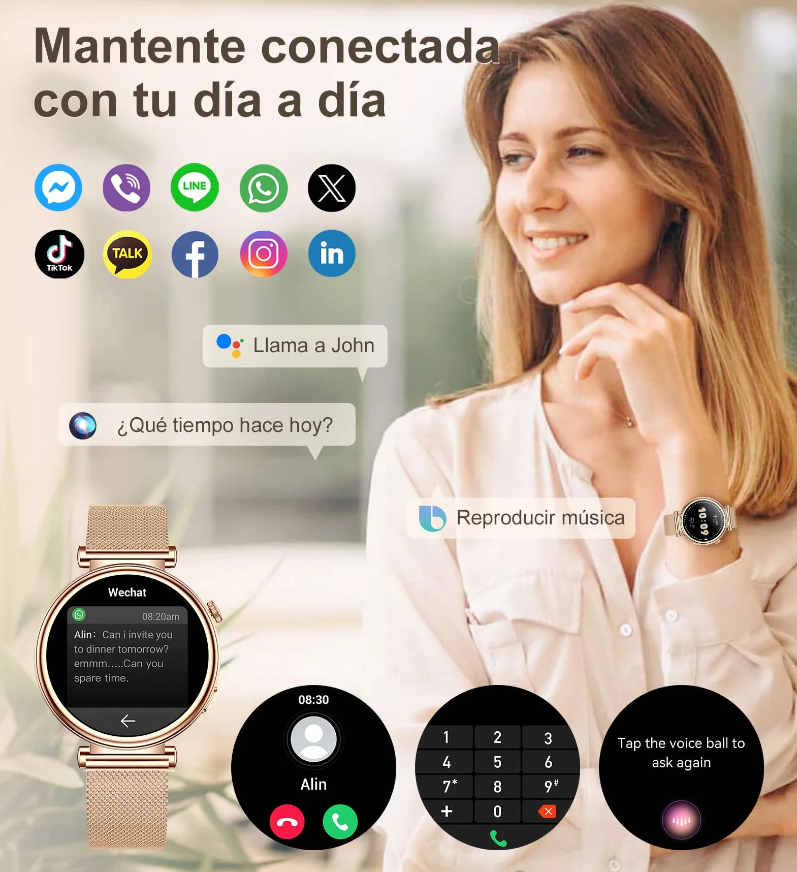 Reloj Inteligente Mujer Pequeño, Smartwatch Mujer Redondo 1.27" 41mm con Llamadas, 3 Correas, Pulsera Actividad con 100+ Modos Deportivos Pulsómetro Sueño Cuenta Pasos para Android & iPhone, Rosa Oro