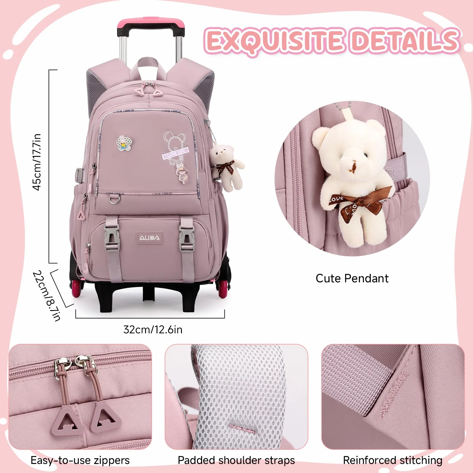 Amythe Mochilas Escolares con Ruedas Niñas, Trolley Desmontable, Morado | Mochila Colegio con 6 Ruedas para Chicas de 10-18 años, Carro Bolso Escolar con Colgante para Adolescentes, Vuelta al cole