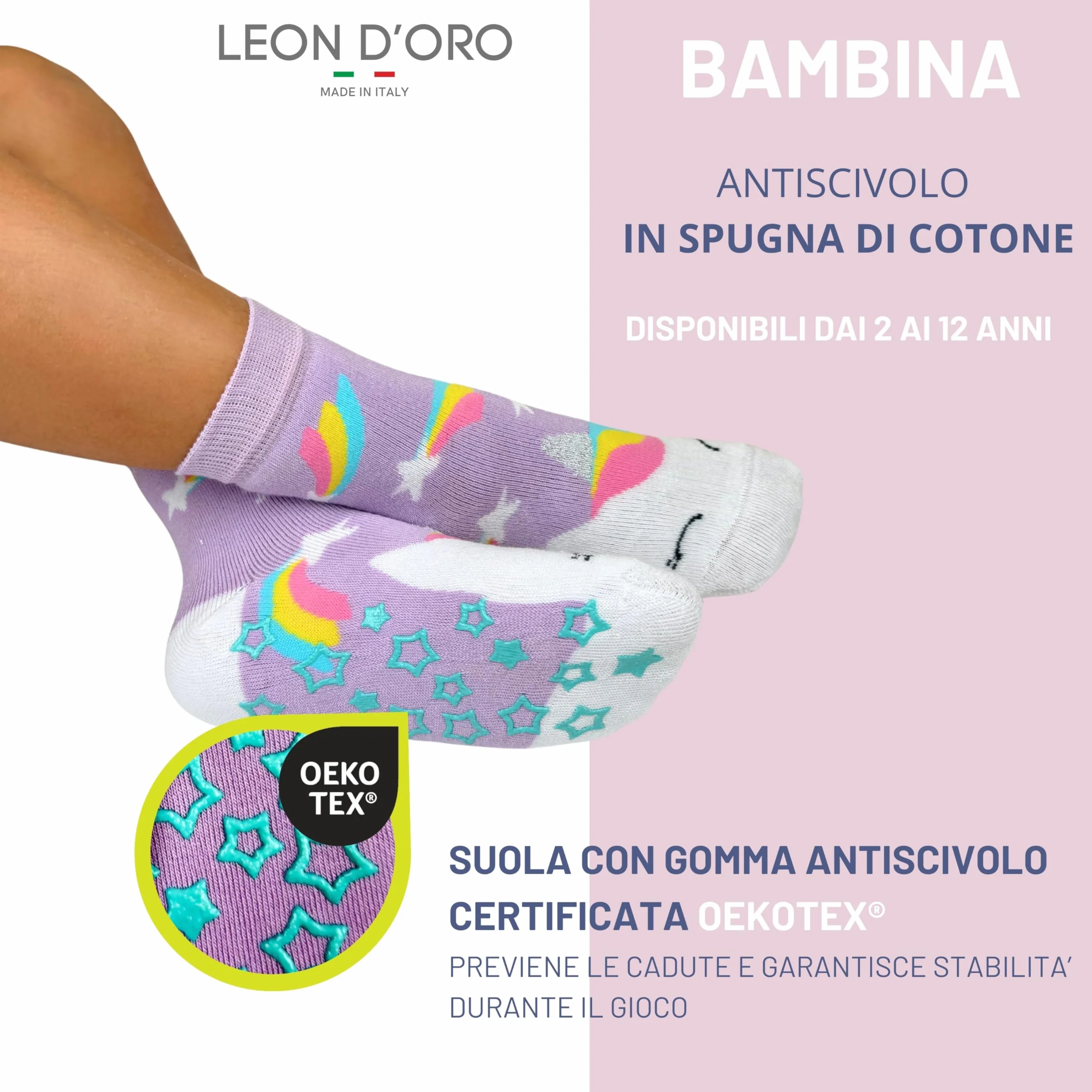LEON D'ORO Calcetines de niña antideslizantes de algodón para niña, ABS, escuela, casa, hinchables, fabricados en Italia