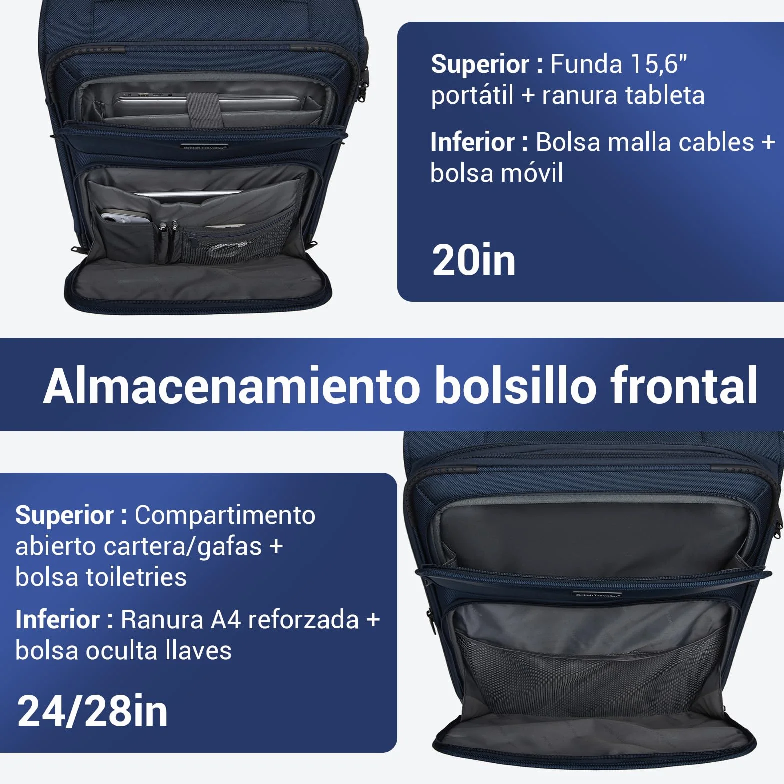 British Traveller Maleta Cabina 57,5cm Trolley Rígido con 4 Ruedas Giratorias y Cerrado TSA, Azul