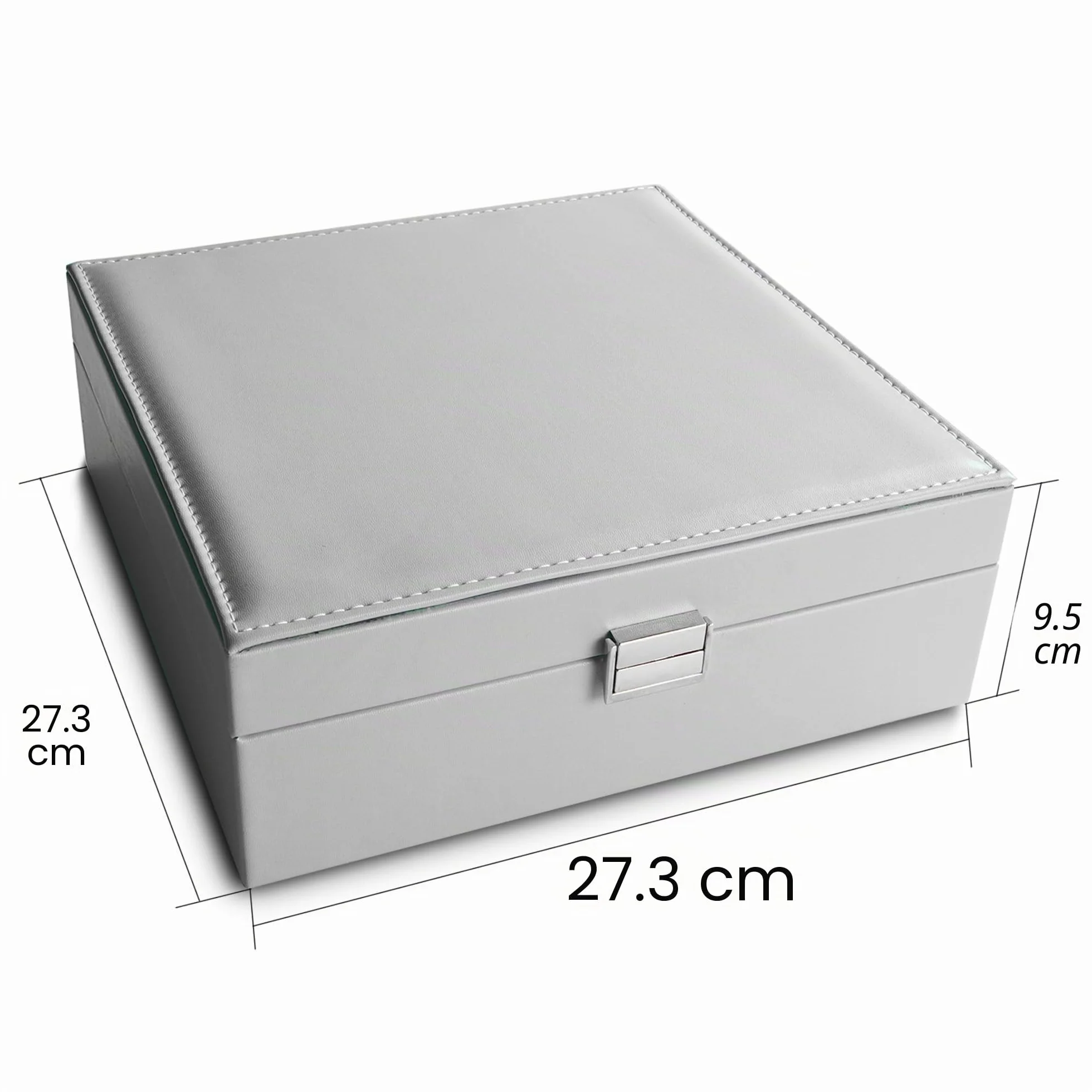 Frebeauty Organizador de pendientes, caja de joyería clásica con 50 ranuras de doble capa con 6 ganchos para collares y bolsillo para pulsera (gris)