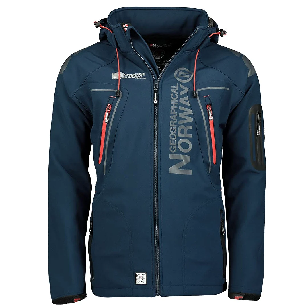 Geographical Norway Techno Men Distribrands - Chaqueta Softshell Impermeable Hombres - Capucha Hombre Transpirable Exteriores - Chaqueta Invierno Viento (Marina/Rojo M)