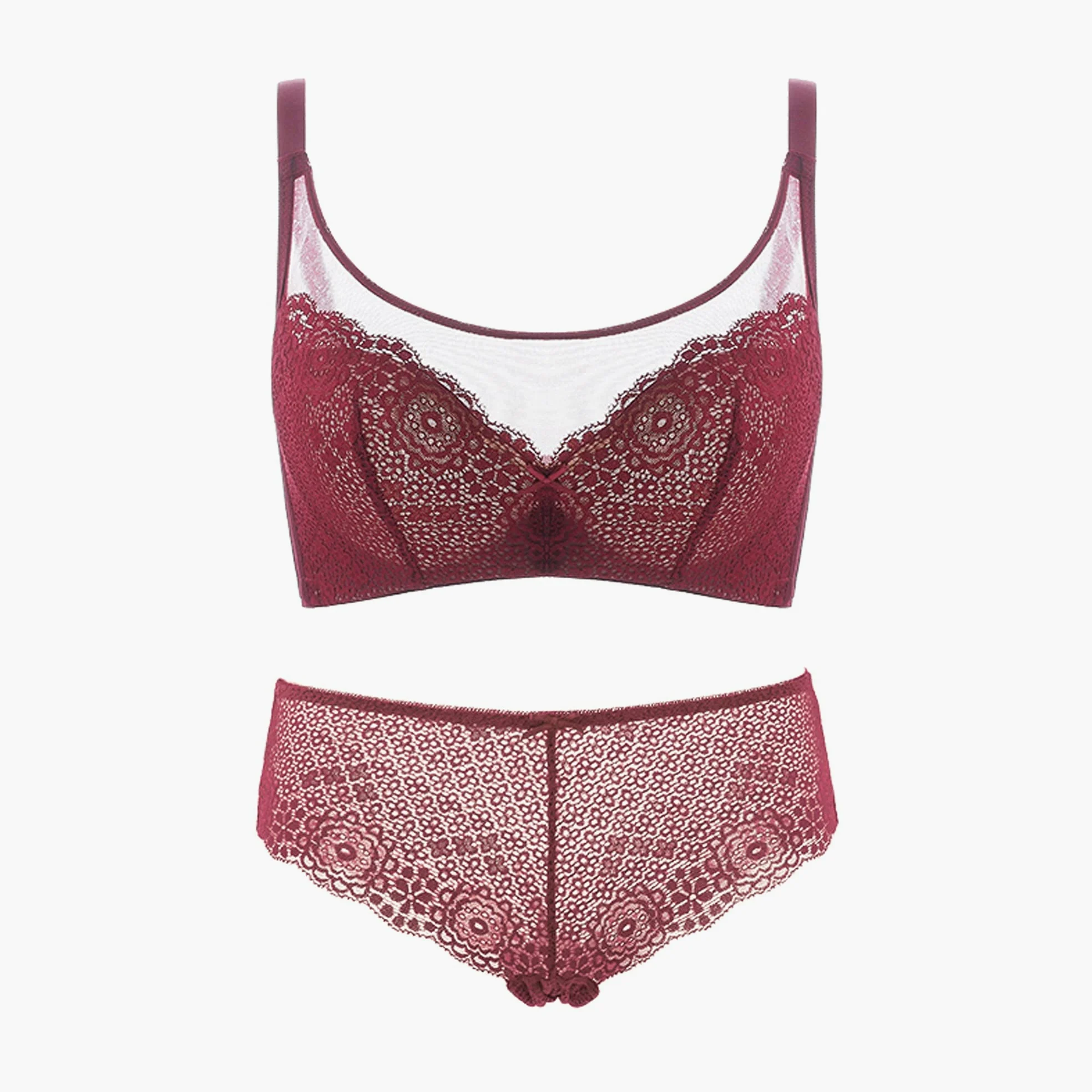 WENJUN Conjunto de sujetador y bragas para mujer, cobertura completa con aros, latón sin acolchado, talla grande, ver malla sexy para todos los días (color rojo, tamaño: 80D)