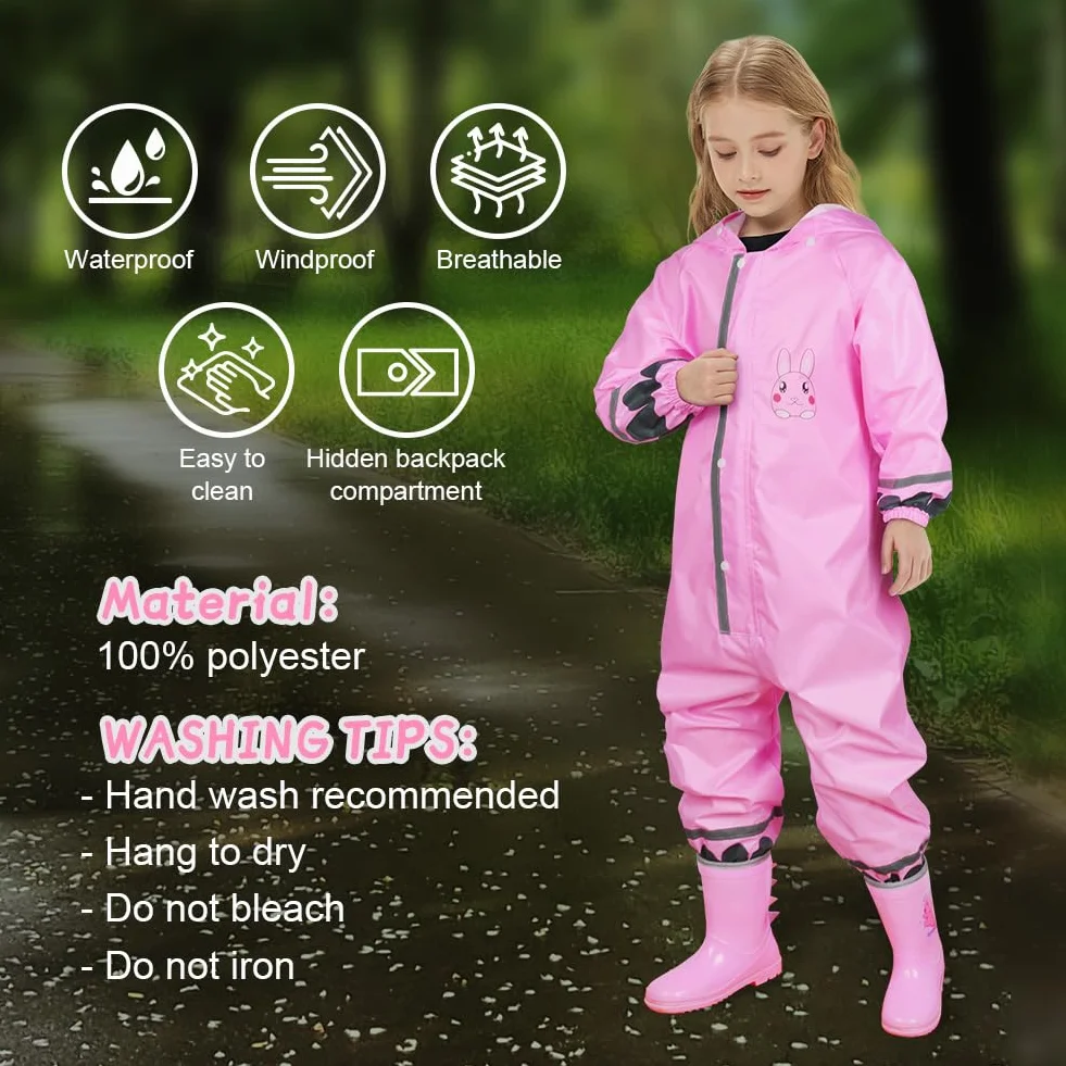 Impermeables para Niñas, Encapuchado Mono de Bolsillo, Reutilizable Lluvia Reflectante, Dibujos Animados Estampados Chaqueta Lluvia, Chubasqueros Chaquetas Ligero Capa de Lluvia