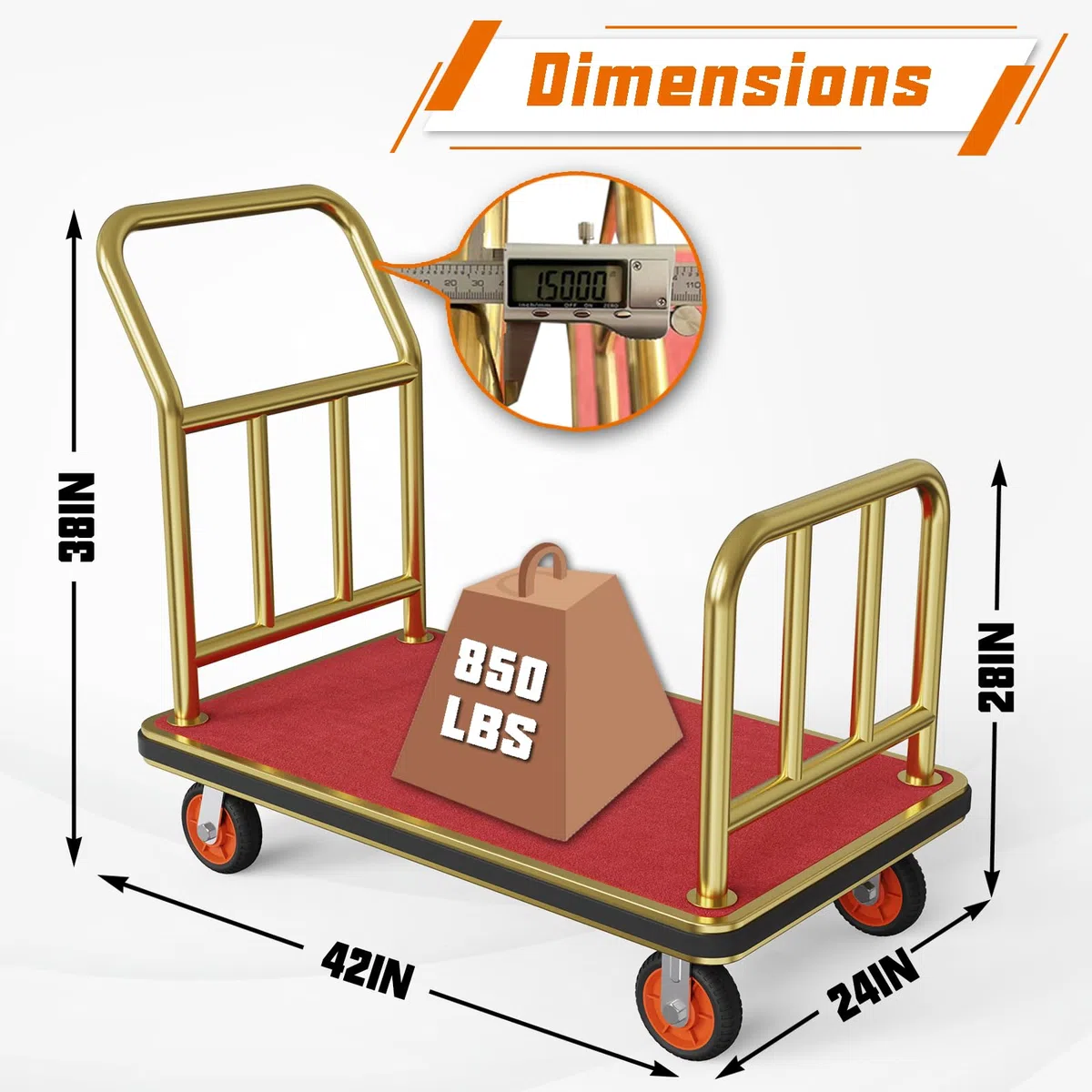Carrito de equipaje dorado para hotel, carrito Bellman de 42 x 24 pulgadas con barandilla deflectora y capacidad de peso de ruedas de 6 pulgadas de hasta 850 libras, proporciona comodidad al carrito
