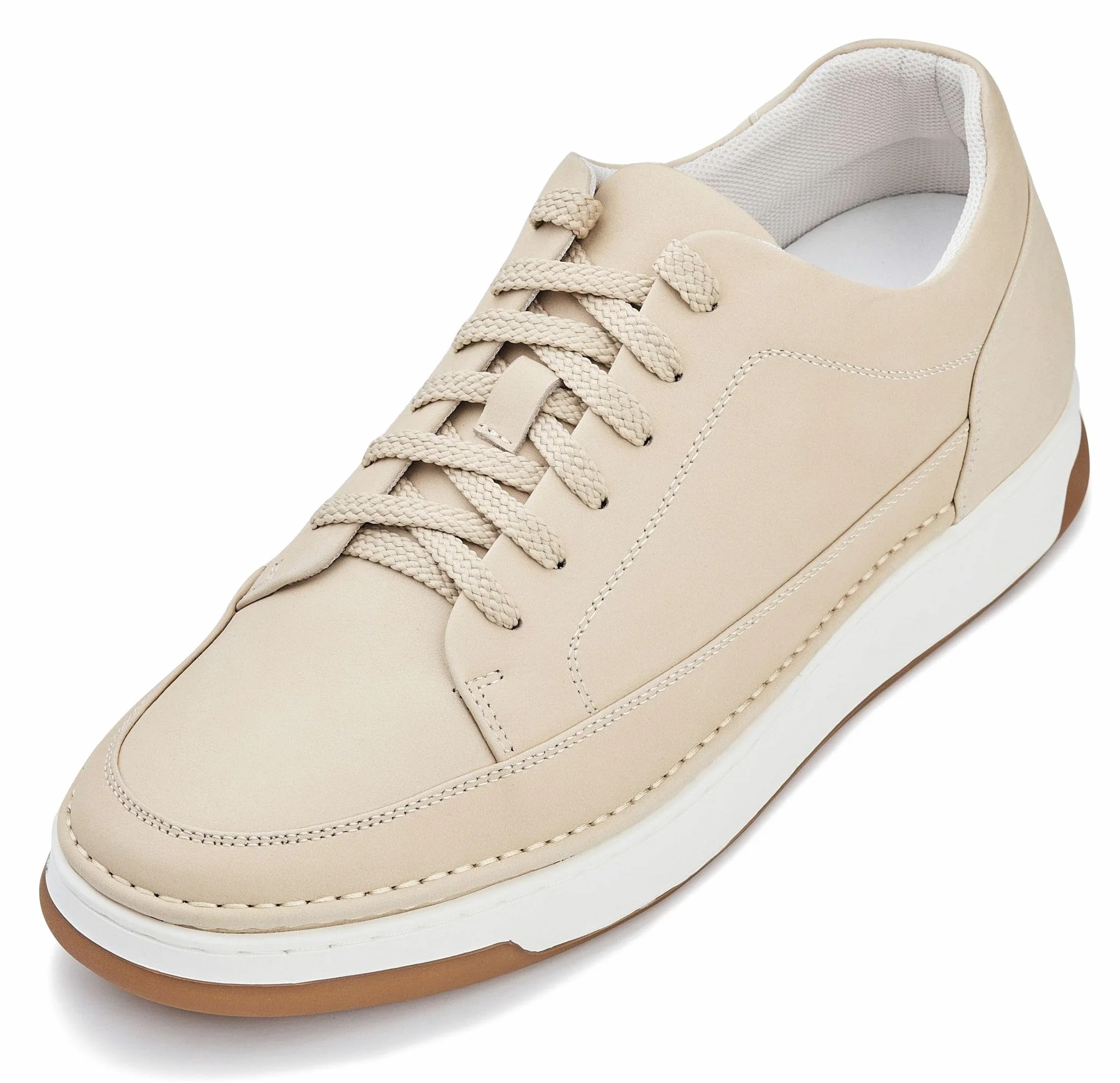 CALTO Zapatos de elevación Invisibles para Hombre con Aumento de Altura – Zapatillas de Cuero de Primera Calidad con Cordones – 2.6 Pulgadas más Altas, Suela de Goma Blanca de Ante Blanco Marfil, 40