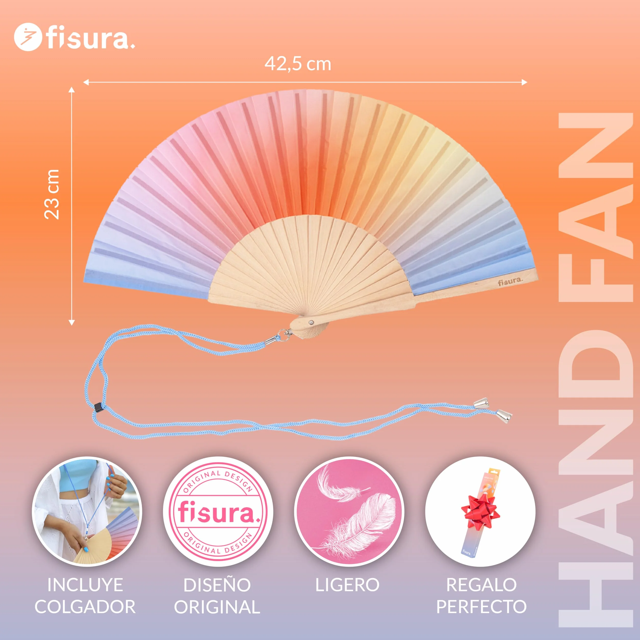 Fisura Abanico original estampado ondas rayas madera moderno colorido ventilador mano rosa verde colgador incluido