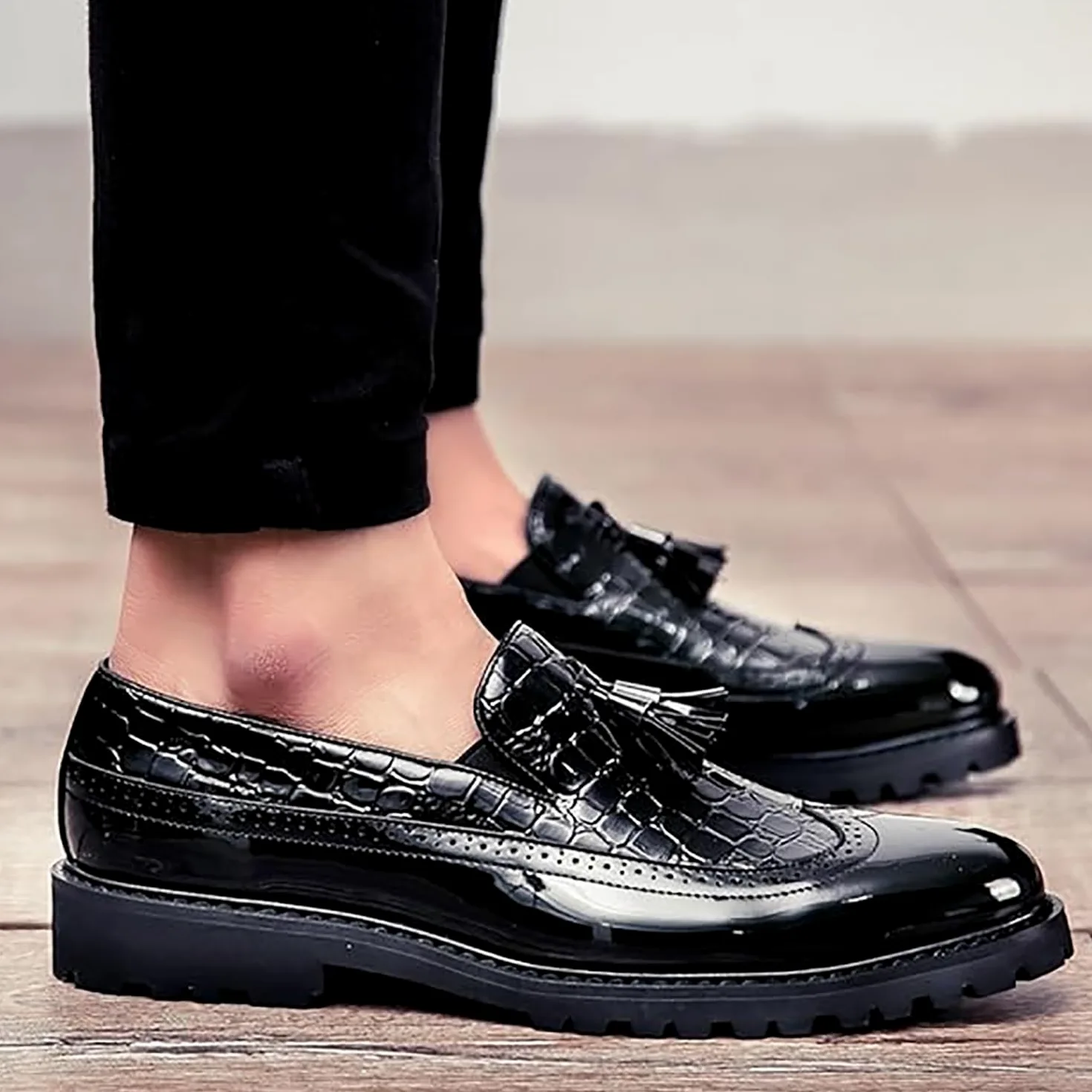 Mocasines con borlas para hombre, zapatos de vestir formales de negocios con lados elásticos para el trabajo, casual, negro, blanco, rojo