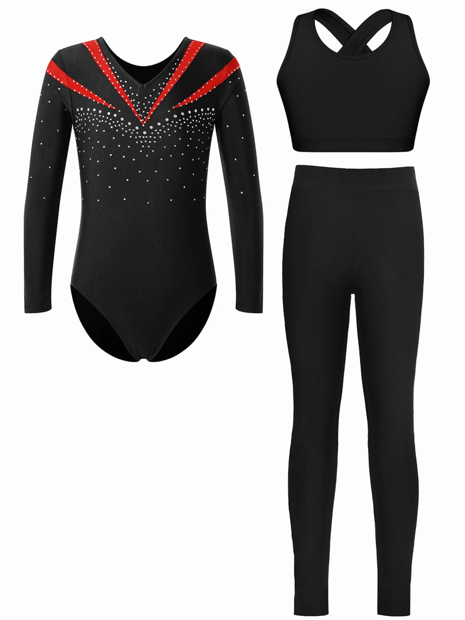 Piezas De Traje De Gimnasia Con Destellos Para Niñas Leotardos De Gimnasia De Manga Larga Tops De Deporte Brasier Y Pantalones Traje De Baile Para Rojo 11-12 años