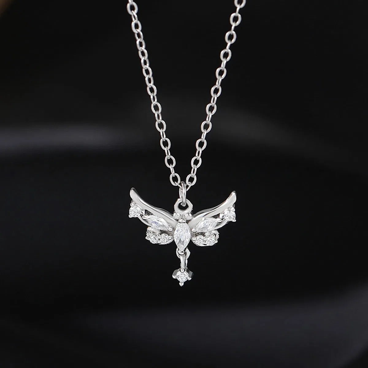 Collar de oro blanco de 18 quilates con alas de ángel para mujer, cadena de oro blanco de 9 K, 14 y 18 quilates con moissanita, collar de madre de cable alargado para mujer, 40 + 5 cm