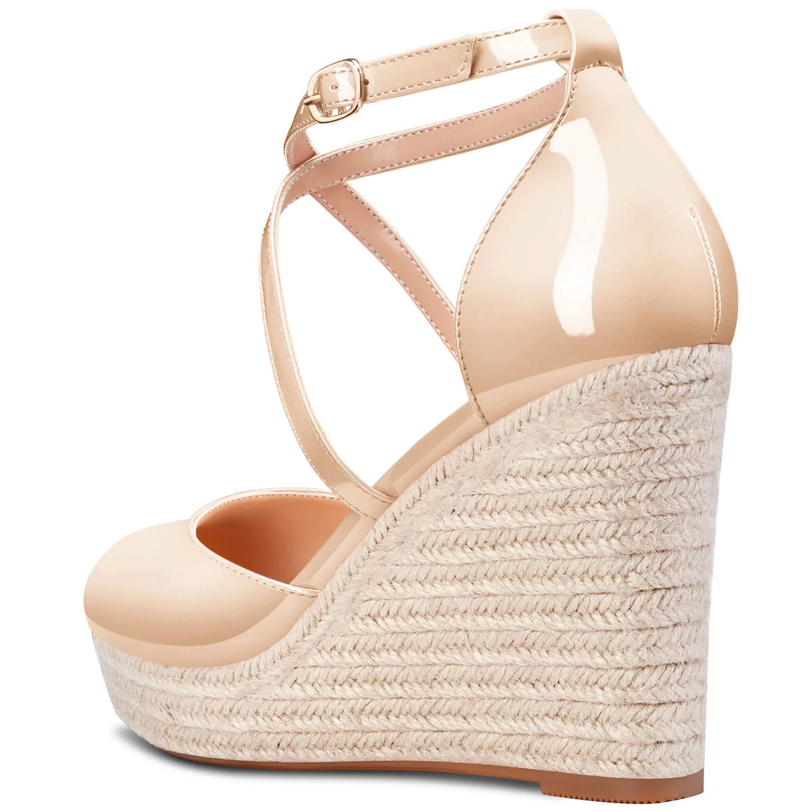 Aachcol Mujer cuña Esparto Plataforma Pumps Redonda Punta Correa Tobillo Chunky Ancho Alto High Heel Dress Zapatos Pumps de Boda Charol 10 CM