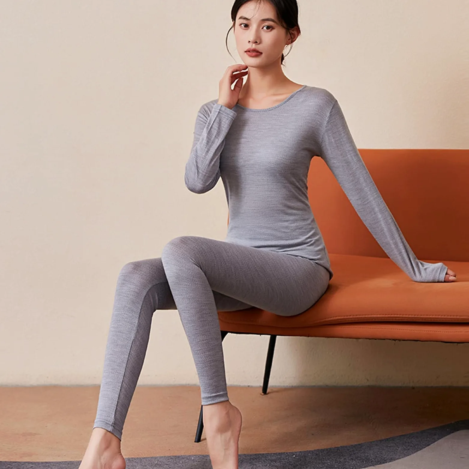 Mujer 100% Pura Lana Conjunto De Ropa Interior Térmica Caliente De Manga Larga Cuello Redondo Suave Conjunto Térmico para Arriba Y Abajo (Color : Deep Gray, Size : XL/X-Large)