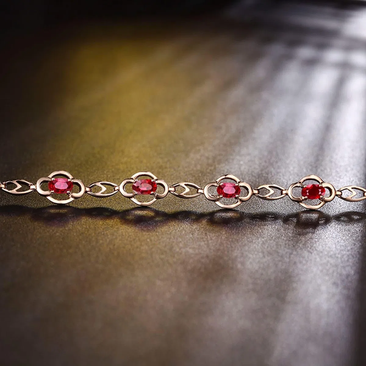 Pulseras de Mujer de Oro Rosa de 9 Kilates / 14 Kilates / 18 Kilates, Hueco y Oval con Rubí y Diamante, Cadena Extensible 16 CM + 5 CM, Pulseras de Mujer Ajustable de Oro Rosa