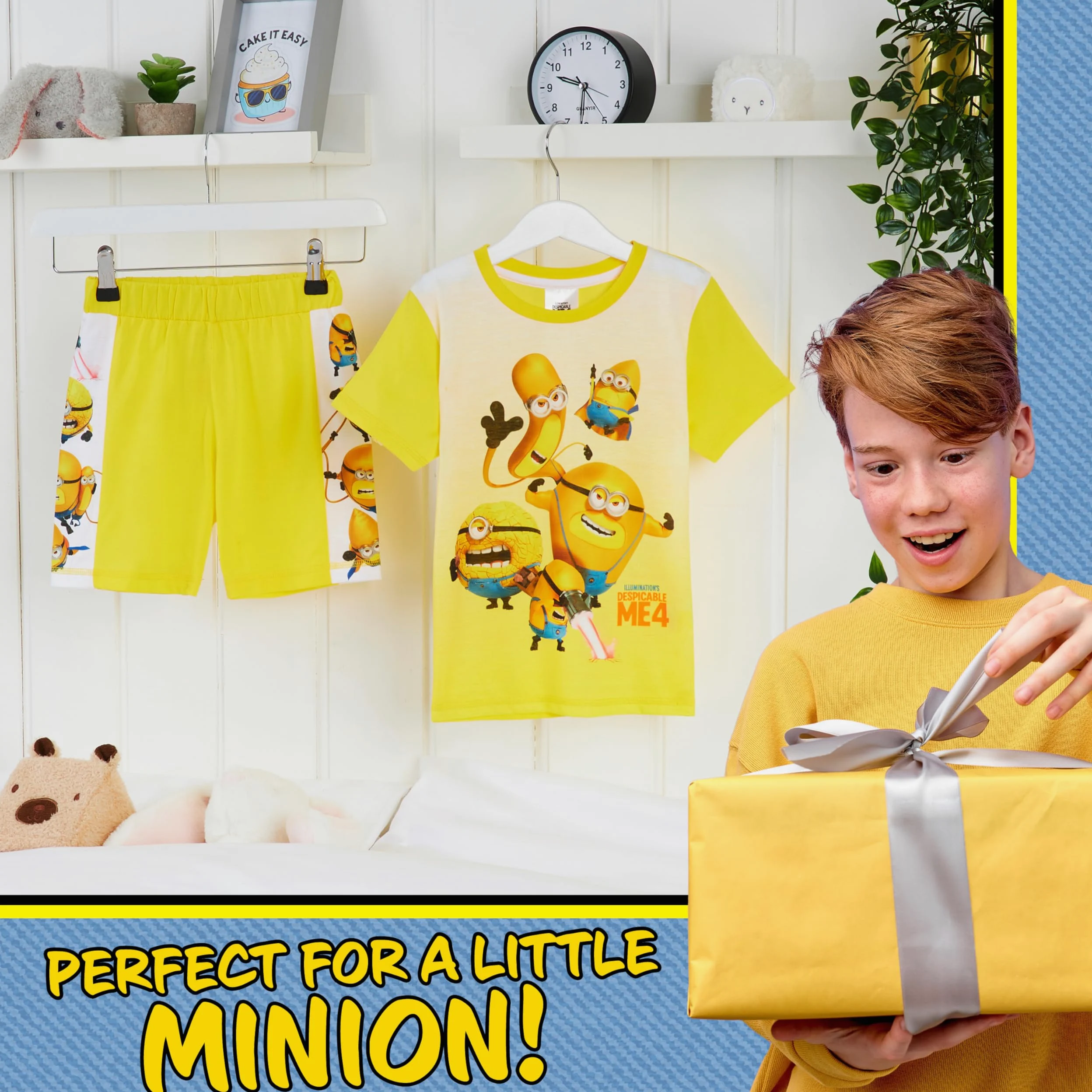 Minions Transpirable Pijama Niño Corto, Set de 2 Piezas - Regalo para Niños (Azul/Mostaza, 4-5 Años)