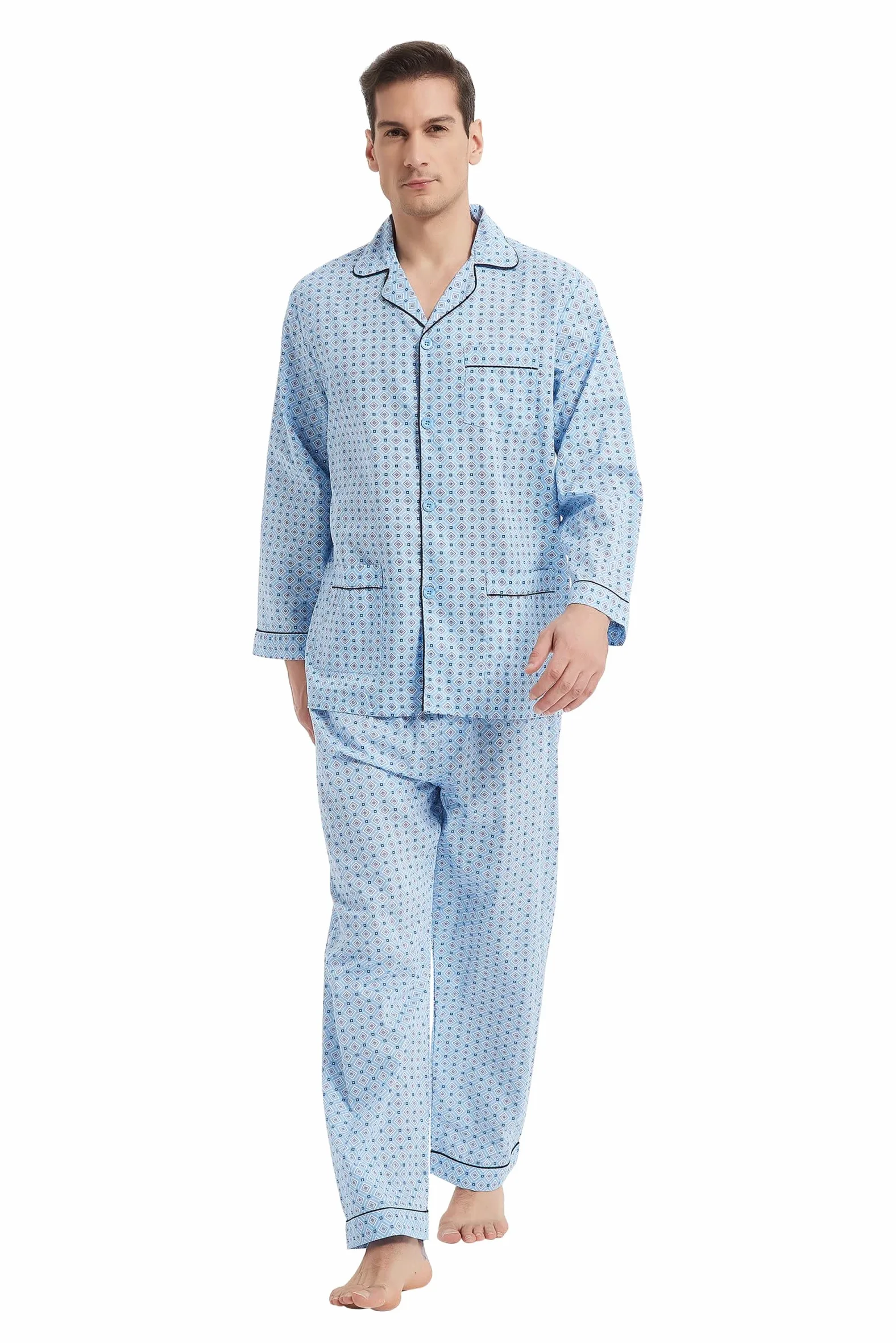 GLOBAL Pijama Hombre 100% Algodón Ropa de Dormir Manga Larga con Botones Cordón Transpirable Conjunto de Pijama Hombre Ropa de Estar por Arriba y Abajo S-3XL