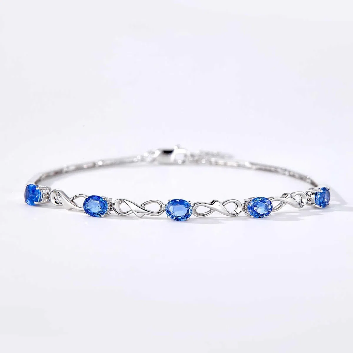Pulseras de zafiro para mujer, infinito con zafiro, pulseras de oro blanco de 14 quilates para mujer, 20 + 3 cm