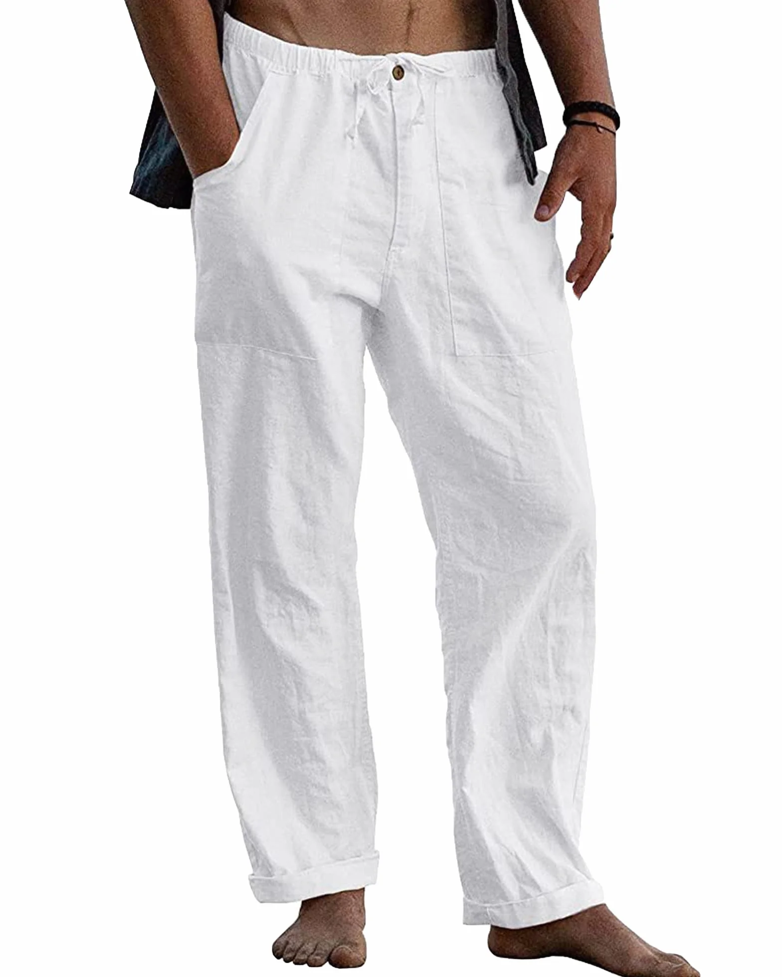 LVCBL Pantalones Deportivos Casuales de Lino para Hombre para Verano Holgados para Yoga Playa con Cintura Elástica