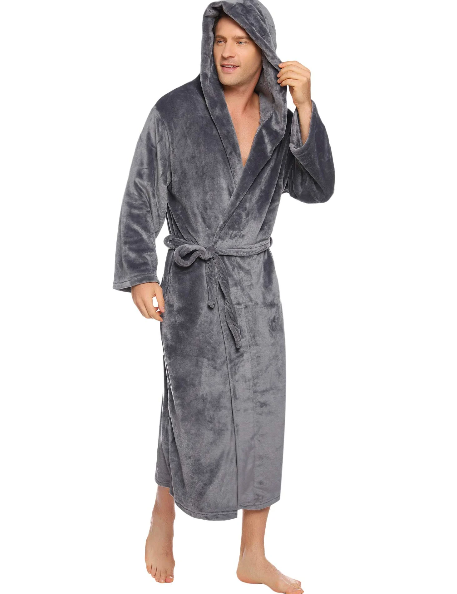 Vlazom Albornoz de Hombre de Pana Goffrada, Cuello Chal y Bordado Contraste, Suave Ligero, Estilo Kimono para Spa y Relax S-3XL