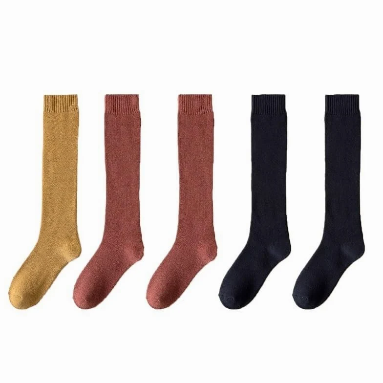 5 pares de calcetines cálidos de invierno for mujer, de color liso, transpirables y gruesos, hasta la rodilla, de algodón, informales.