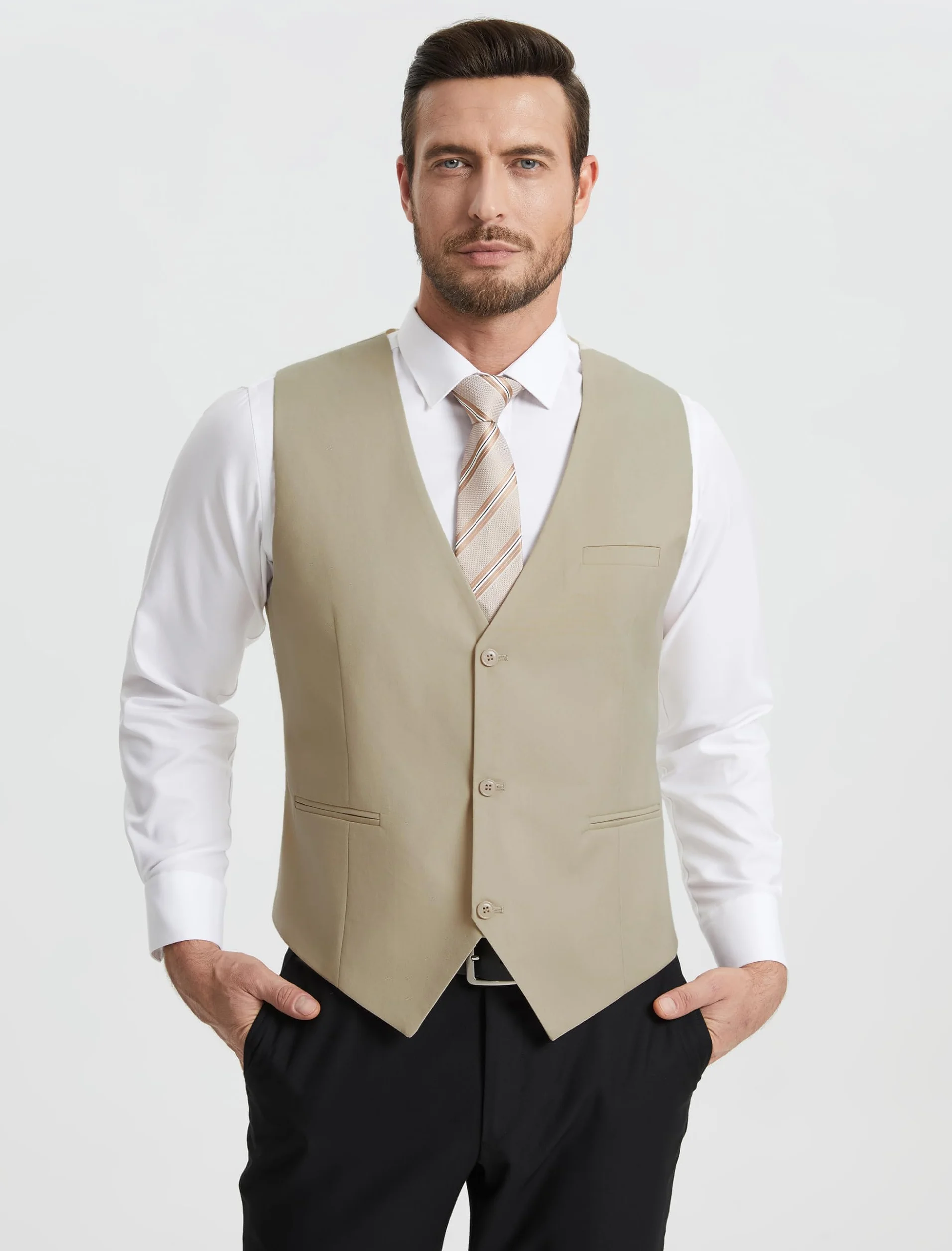 HISDERN Chaleco Traje Hombre Elegante Formal Clásico Color Liso Ajustable 3 Botones Bolsillo Boda Ceremonias S-4XL