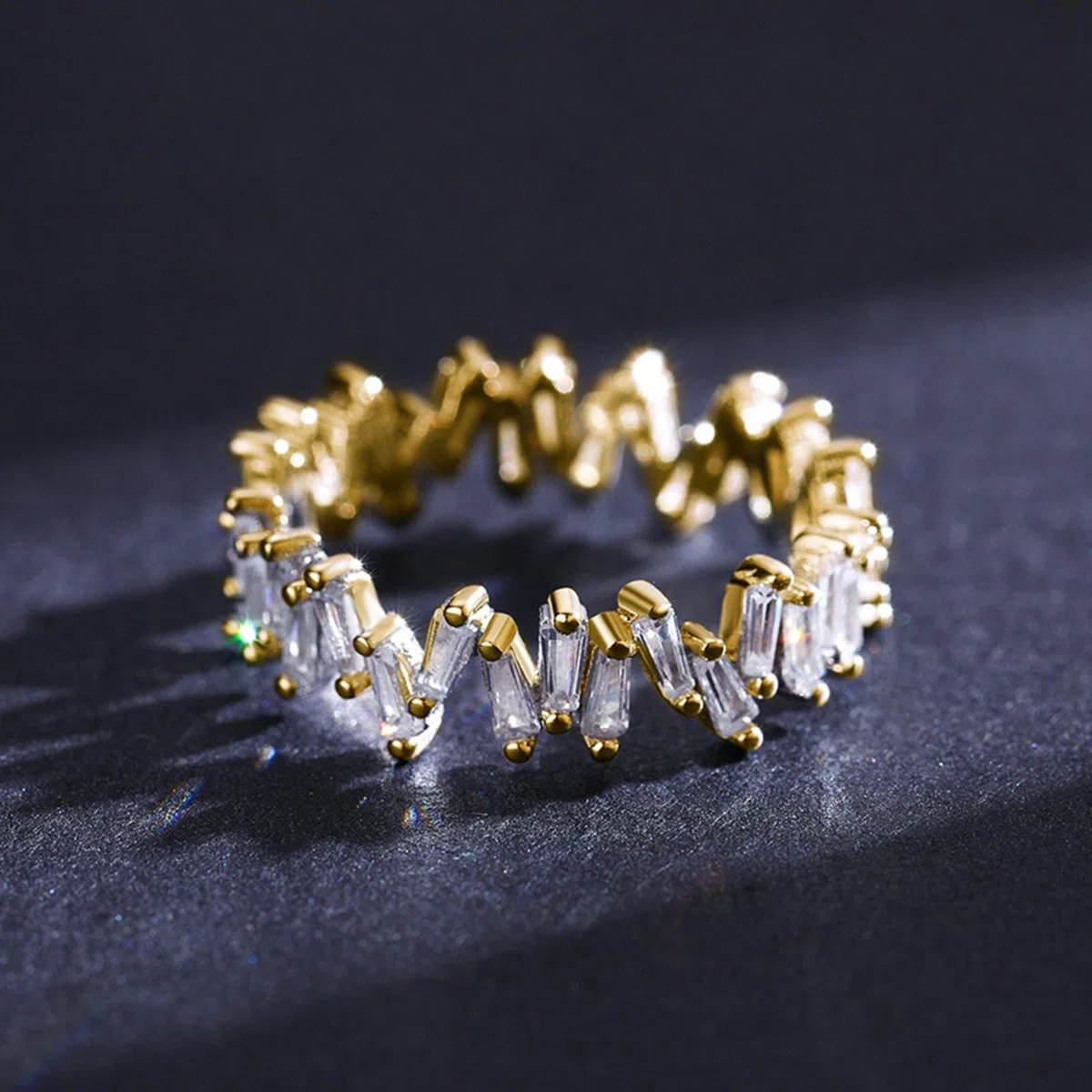 Anillo alianza mujer, anillos oro amarillo 18 K diseño de fila irregular con moissanita Trapezoidal Anillos Compromiso Boda Oro Amarillo para Mamá, Novia, Novia