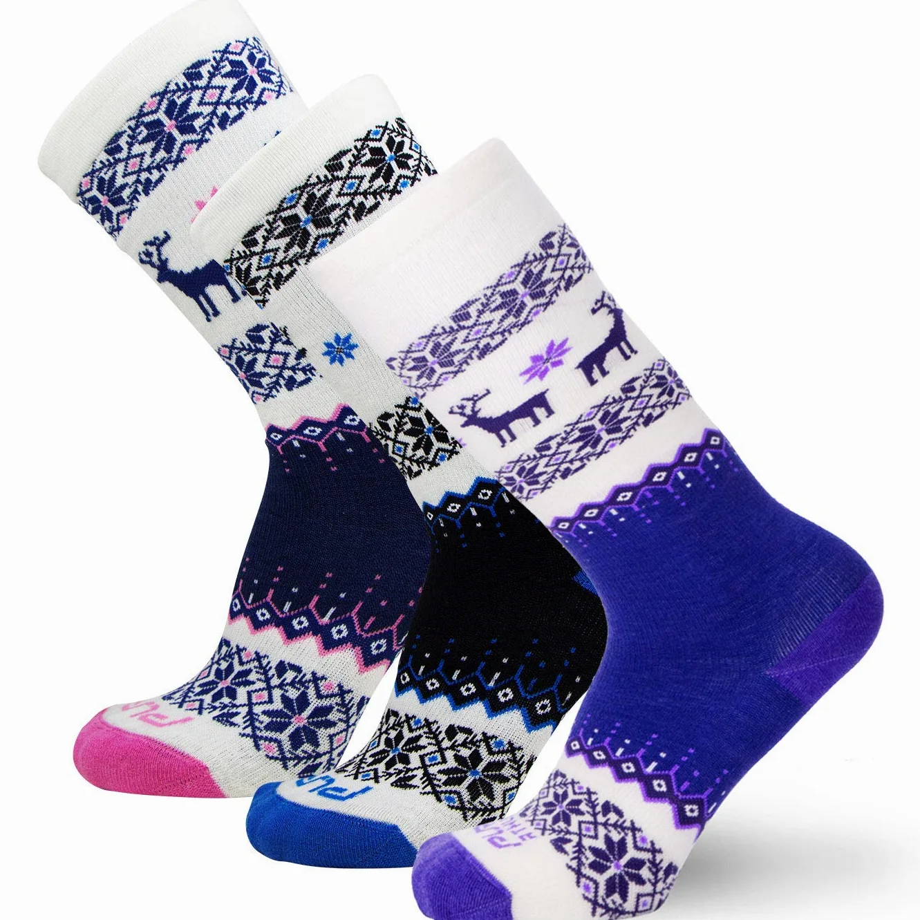 Pure Athlete - Calcetines de esquí para niños, lana de merino, para niños, snowboard, S/M, 3 pares – azul cobalto, morado oscuro-rosa.