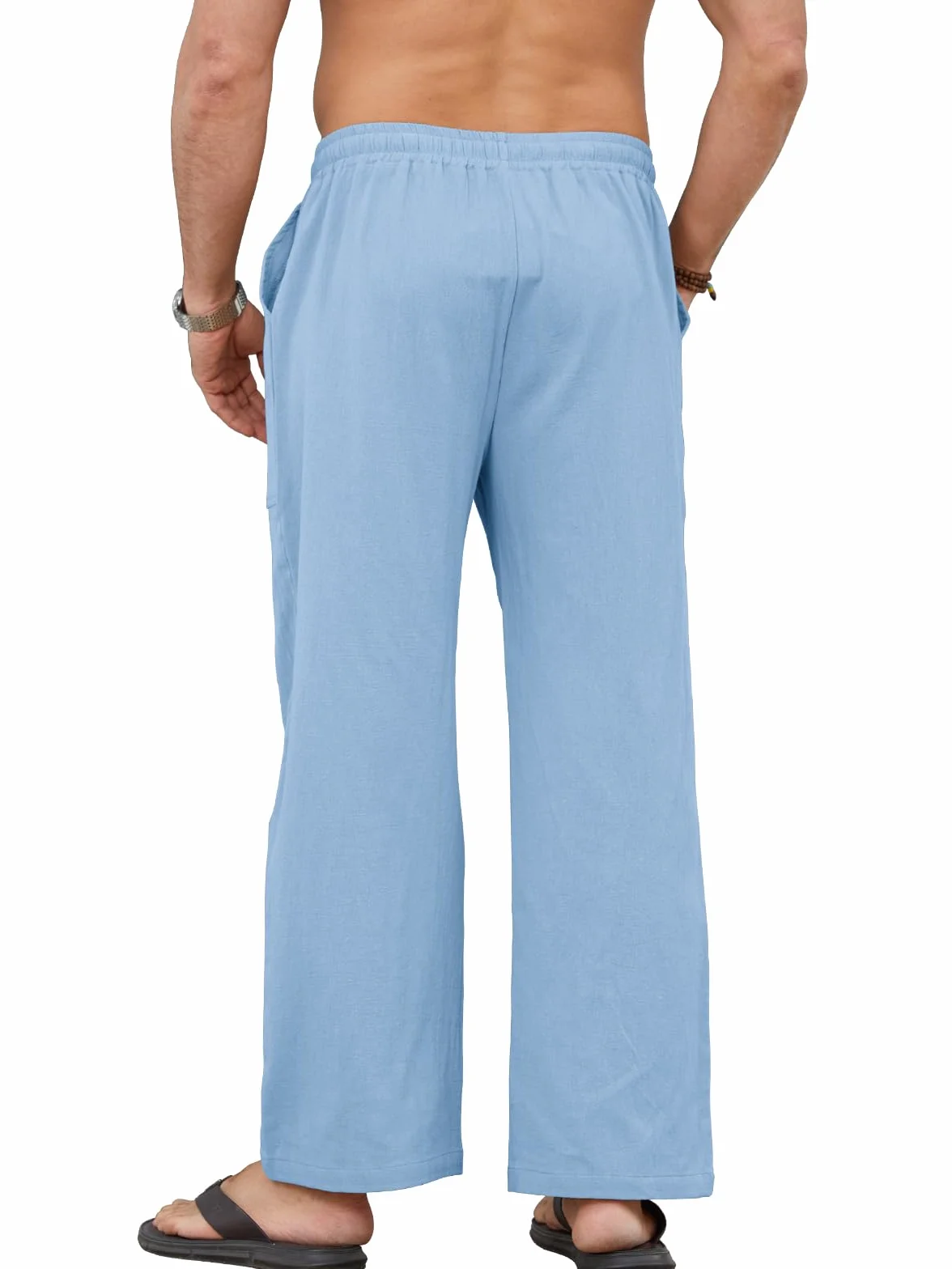 Pantalón Lino Hombre Verano de Mezcla Algodón y Lino Ligero Transpirable con Cintura Elástica Cordon y Bolsillos Pantalones de Lino Hombre Corte Largo