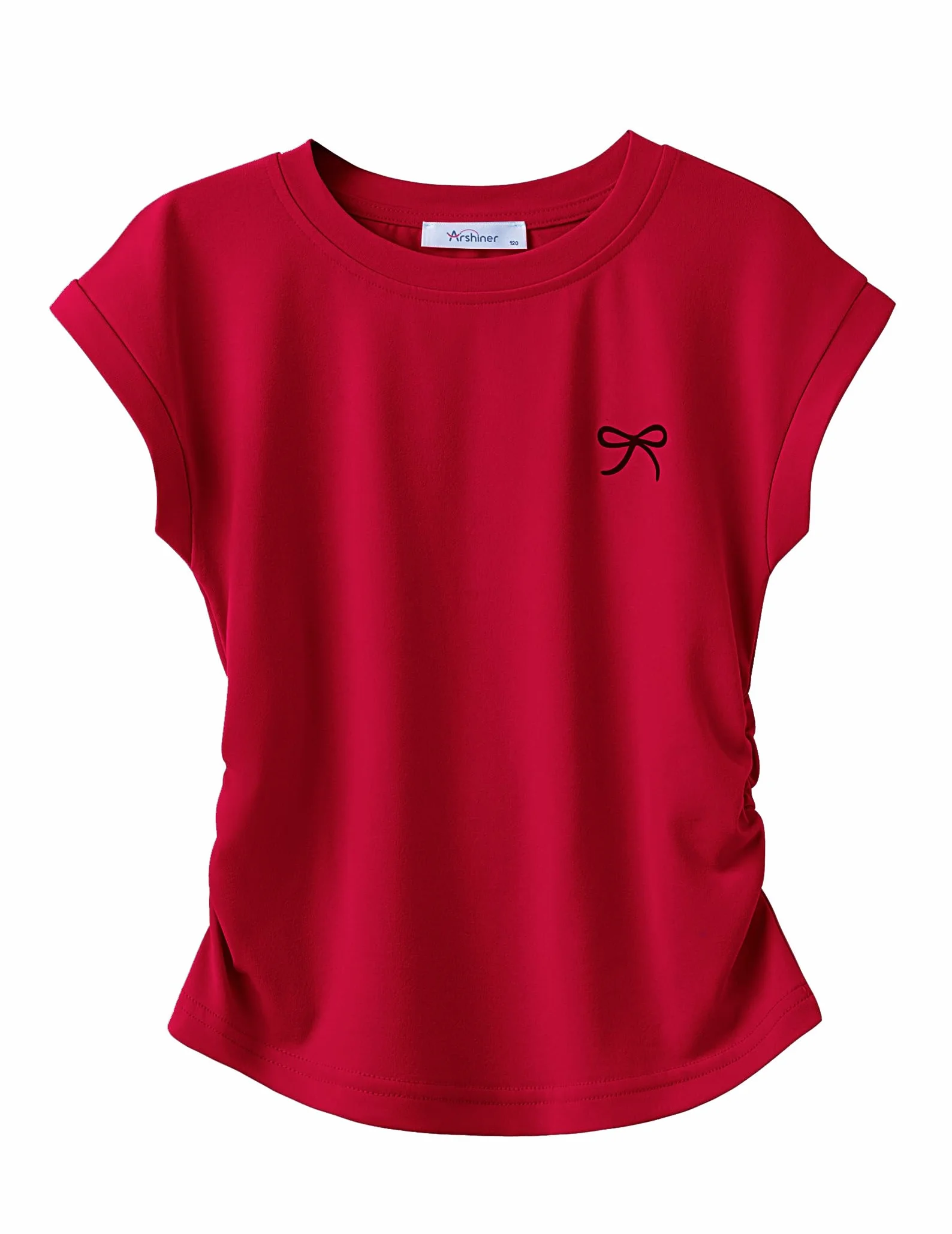 Arshiner Camiseta de Verano para niña con Estampado de Lazo, Ajustada, Manga Corta, Color Liso, Cuello Redondo, Top Informal de Verano para niñas de 5 a 12 años.