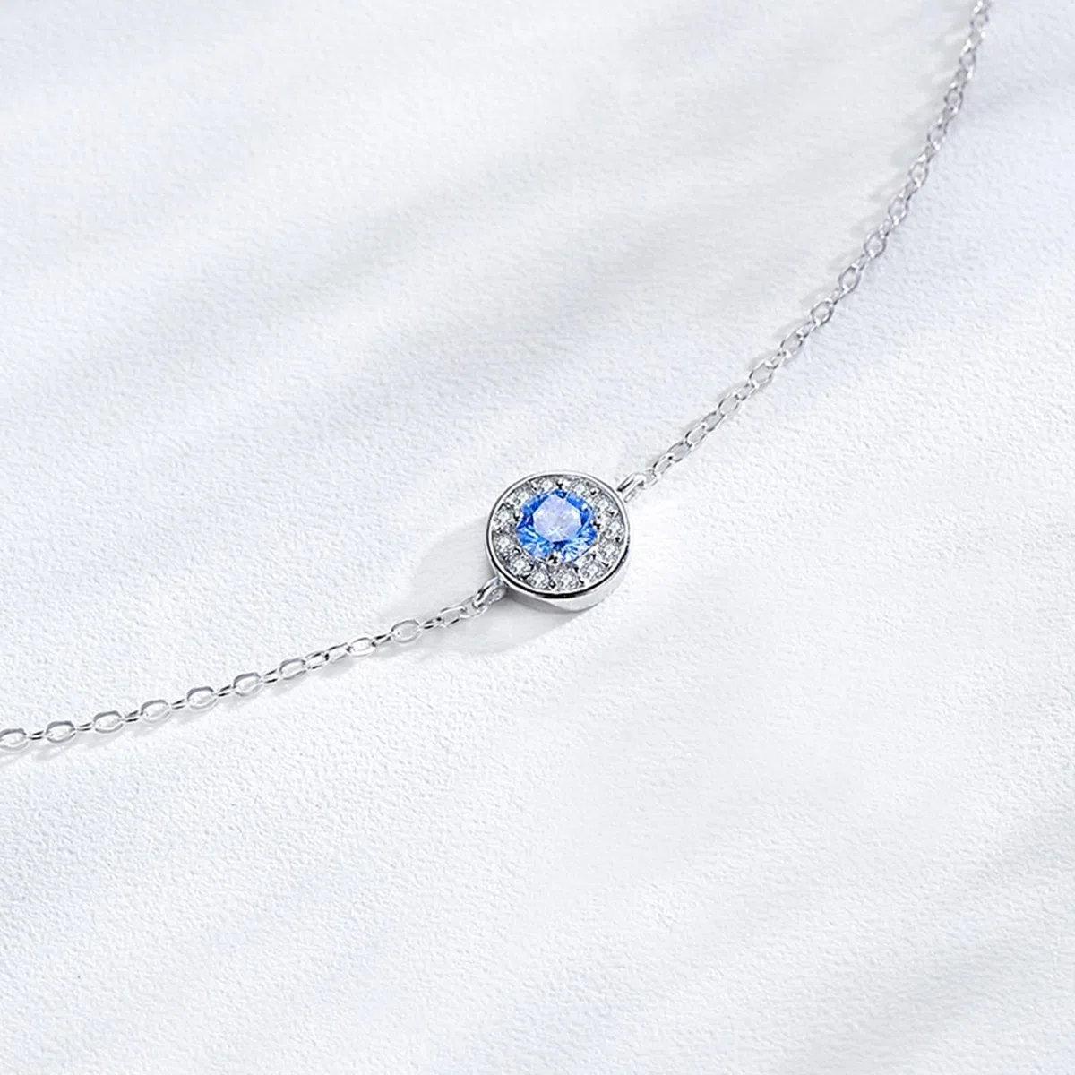 KnSam Pulsera de plata auténtica Au 375/585/750, oro blanco, pulsera para mujer, clásica, círculo con aguamarina azul claro, brazaletes de laboratorio creado con diamante blanco 9 K/14 K/18 K