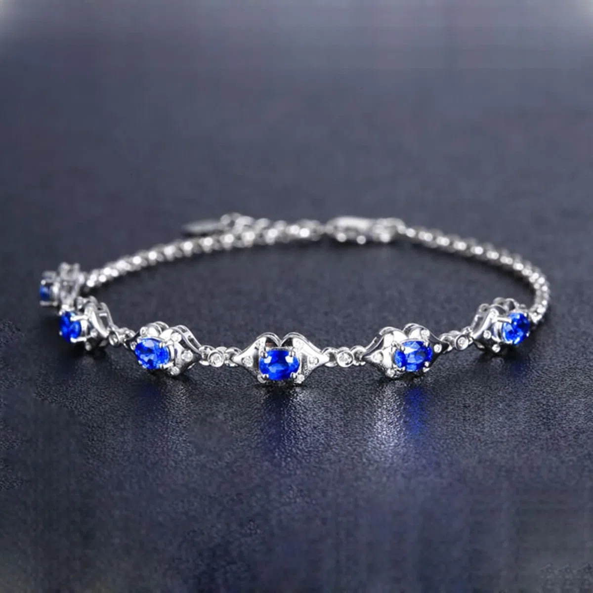 Pulsera Mujer de Oro Blanco 9 Kilates / 14 Kilates / 18 Kilates, Oval con Zafiro Creado de 1,79 ct y Moissanita, Cadena Extensible 16 CM + 5 CM, Pulsera Mujer de Plata Azul