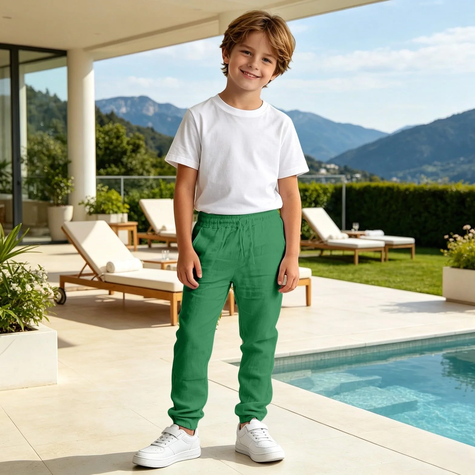 Pantalones de Lino para Niños, Casuales, Largos, Ligeros, Holgados, con Cordón, para Vacaciones