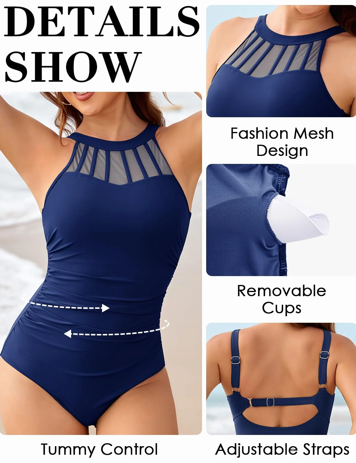 Bañador Mujer Reductor Elegancia de Una Pieza con Relleno y Malla de Cuello Alto para Swimsuit Piscinas de Playa
