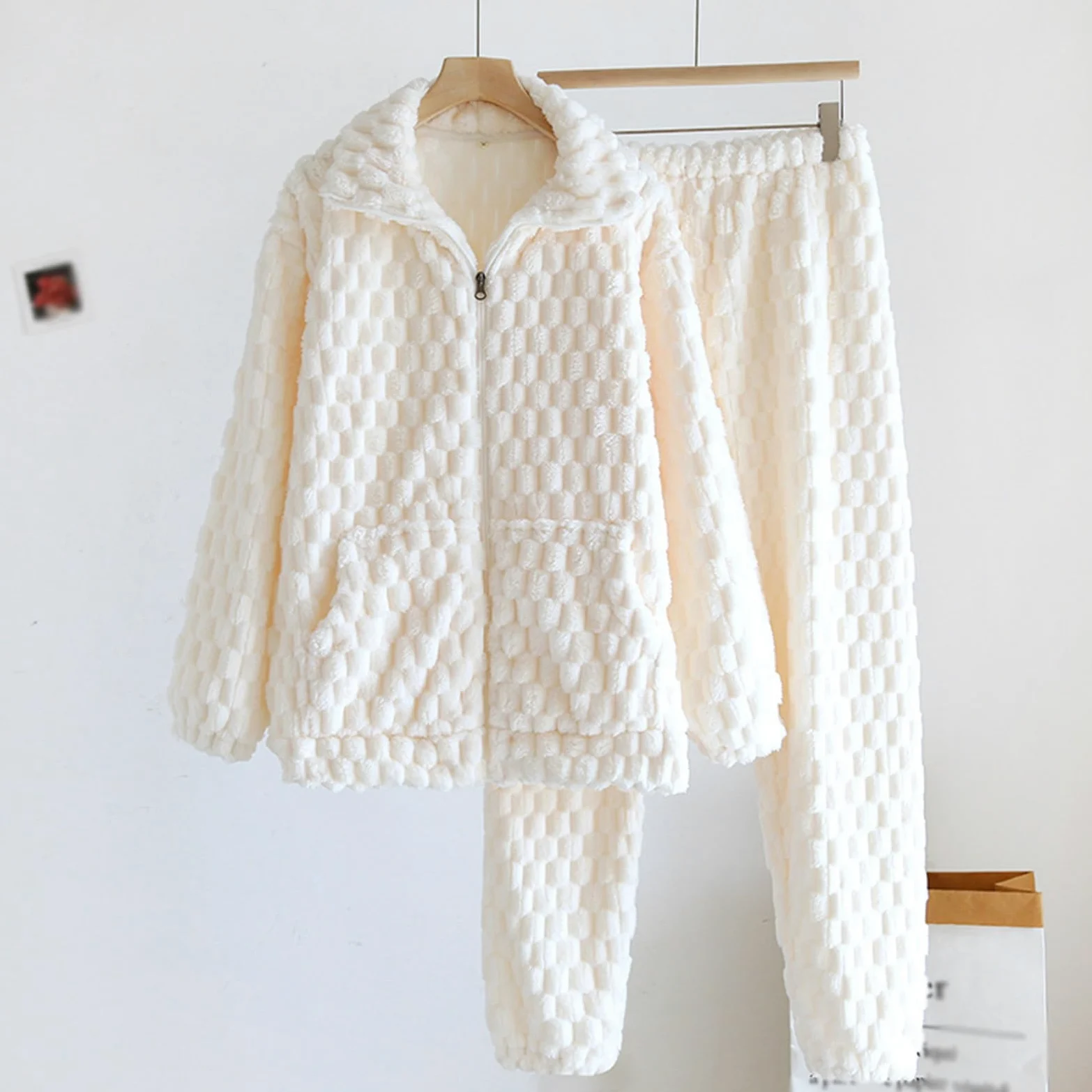 Generisch Pijama de franela de invierno para hombre, con cuello de cremallera, forro polar térmico, ropa de casa para la estación fría