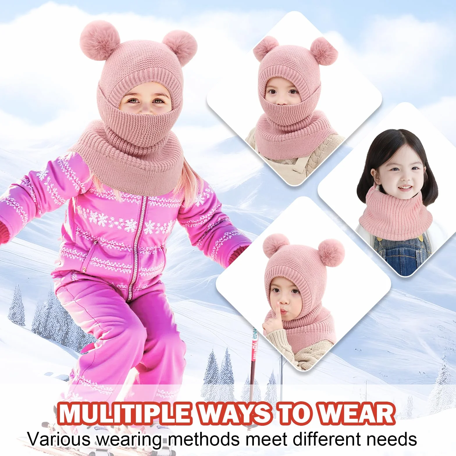 TAGVO Pasamontañas Térmico Invierno Niño Cortaviento Forro Polar Gorro Cuello Balaclava Esquí 2-5 Años