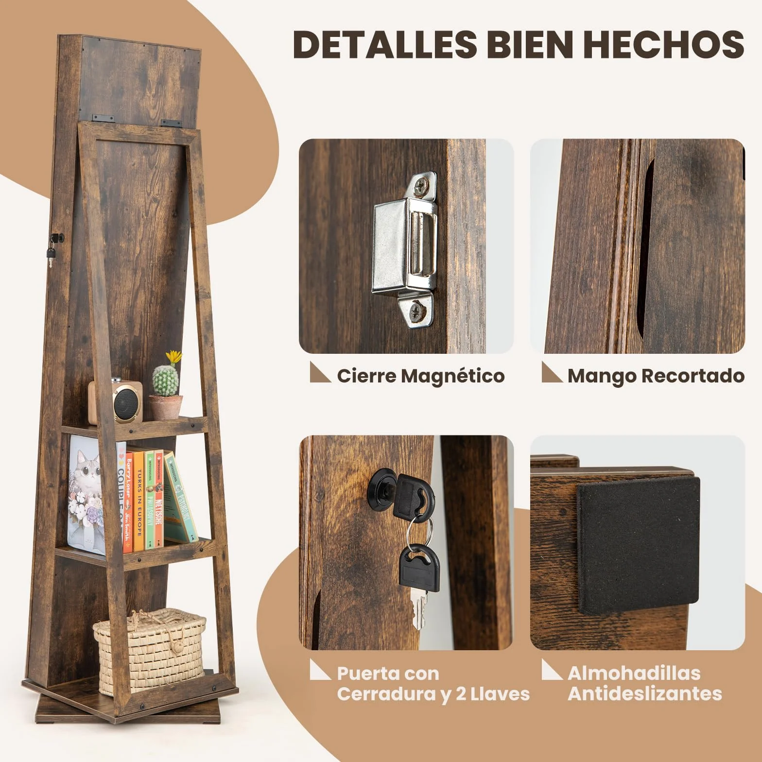 COSTWAY Armario para Joyas Giratorio 360°, Espejo Joyero de Pie con Estantes Traseros, Espejo de Maquillaje Integrado, 3 Cajas y 2 Bolsillos con Cremallera para Dormitorio (Marrón)