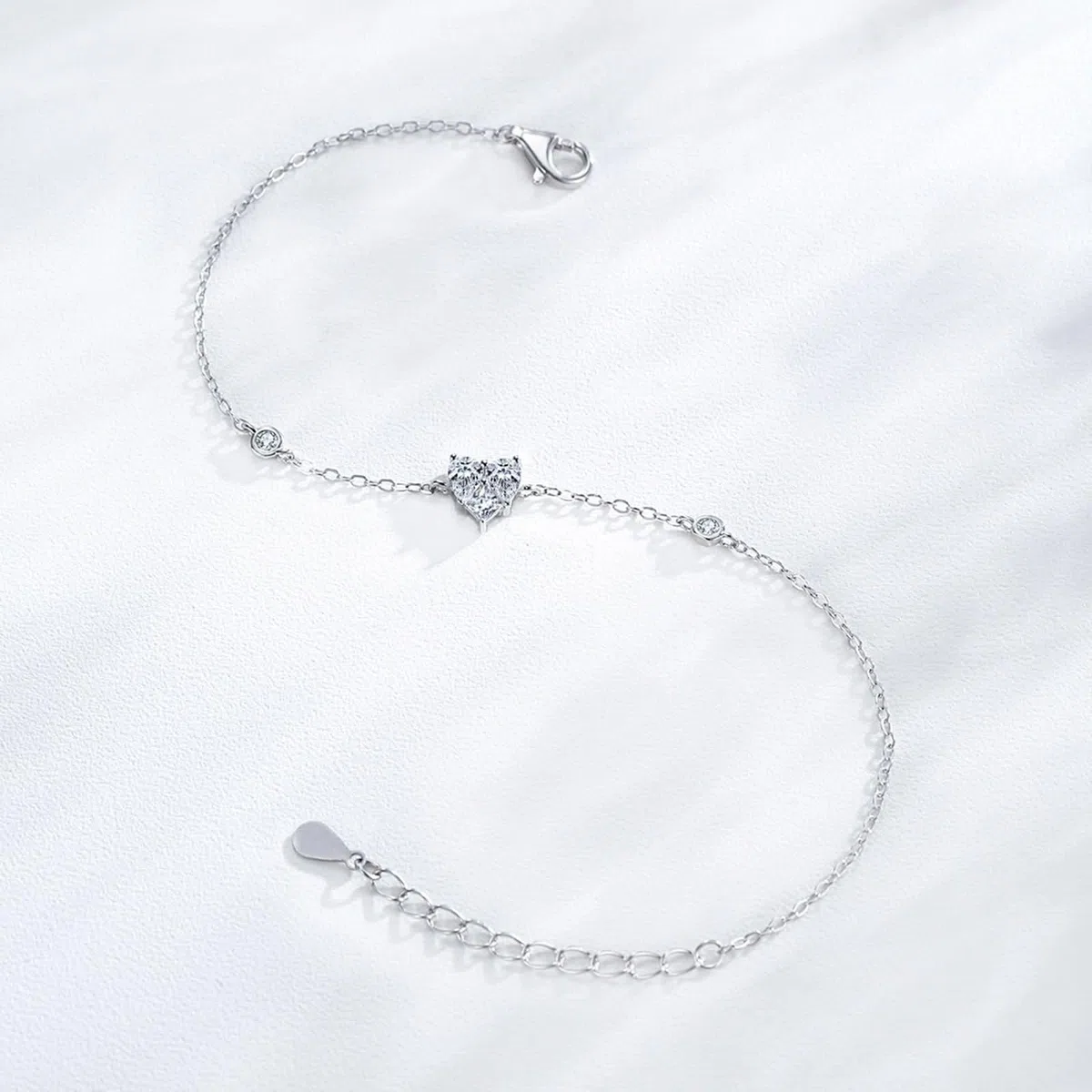 Pulseras de Mujer de Oro Blanco 9Kilates / 14Kilates / 18Kilates, Corazón con Diamante Creado de 0,25 ct, Cadena Extensible 16 CM + 5 CM, Pulsera de Plata de Mujer Ajustable