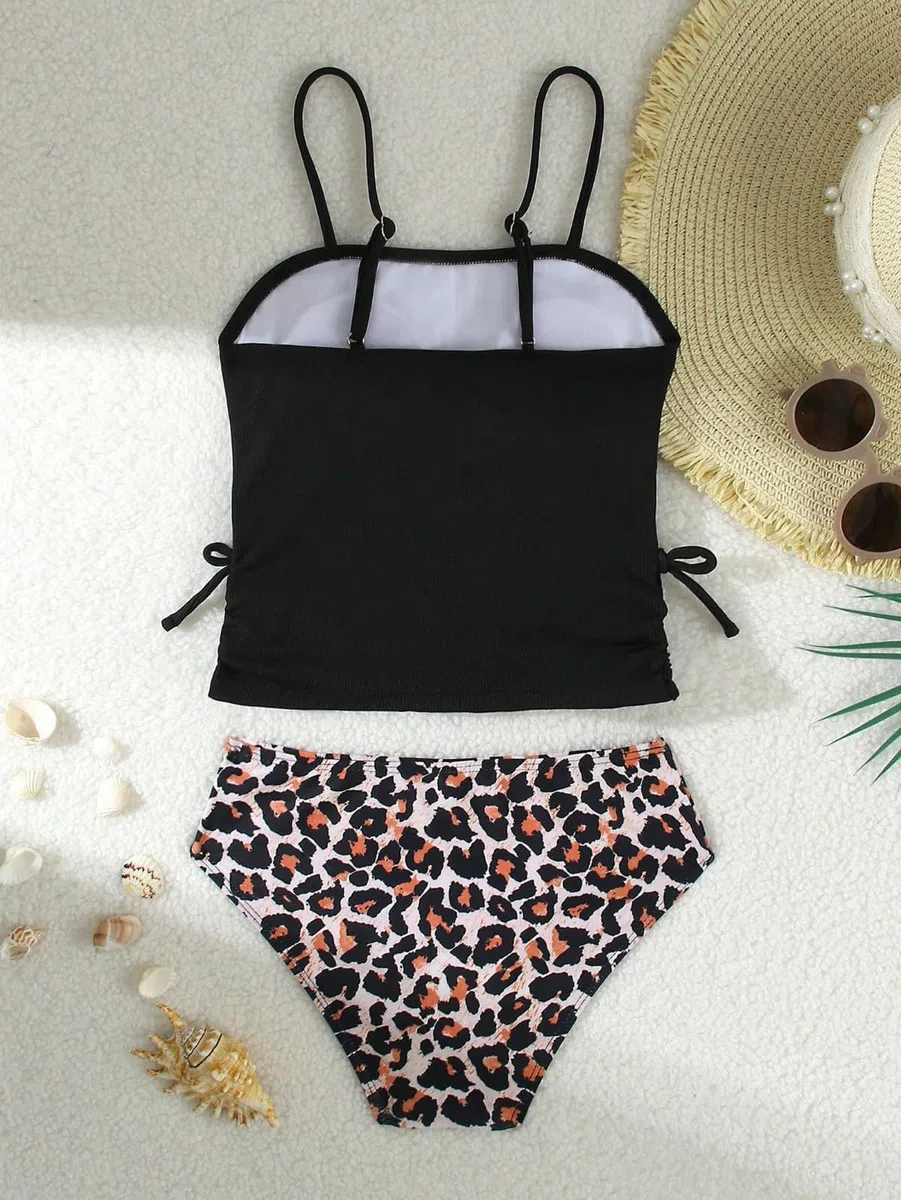 Bañador de dos piezas para niñas con estampado de leopardo: parte superior e inferior de bikini para playa y piscina en verano
