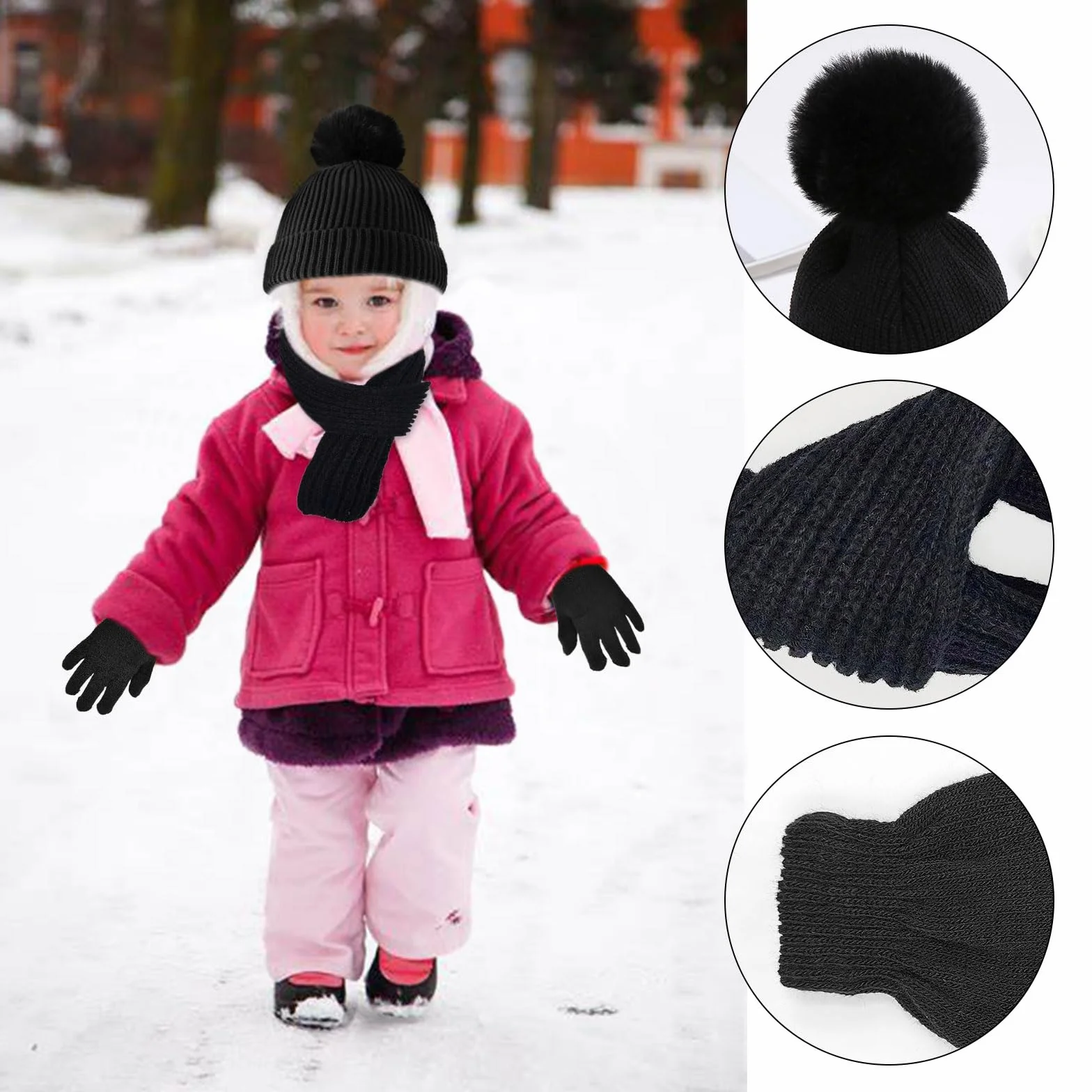 3 Pcs Set Invierno Cálido para Niños: Gorro Beanie, Bufanda y Guantes de Punto