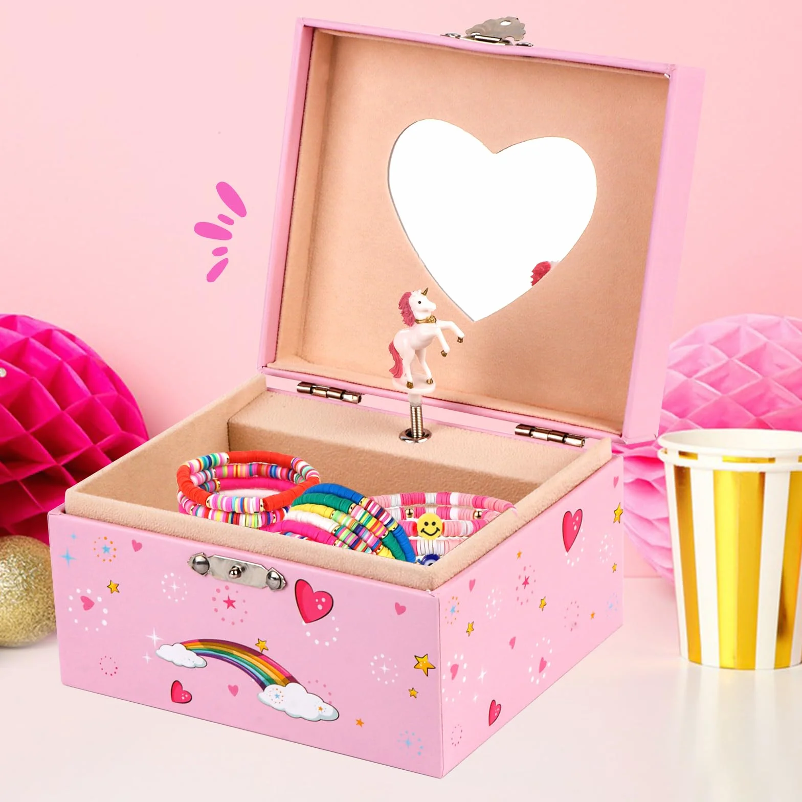 RISVOWO Cajas de Música con Unicornio Giratorio y Espejo, Joyero Musical para Niña, Regalo 2-9 Años