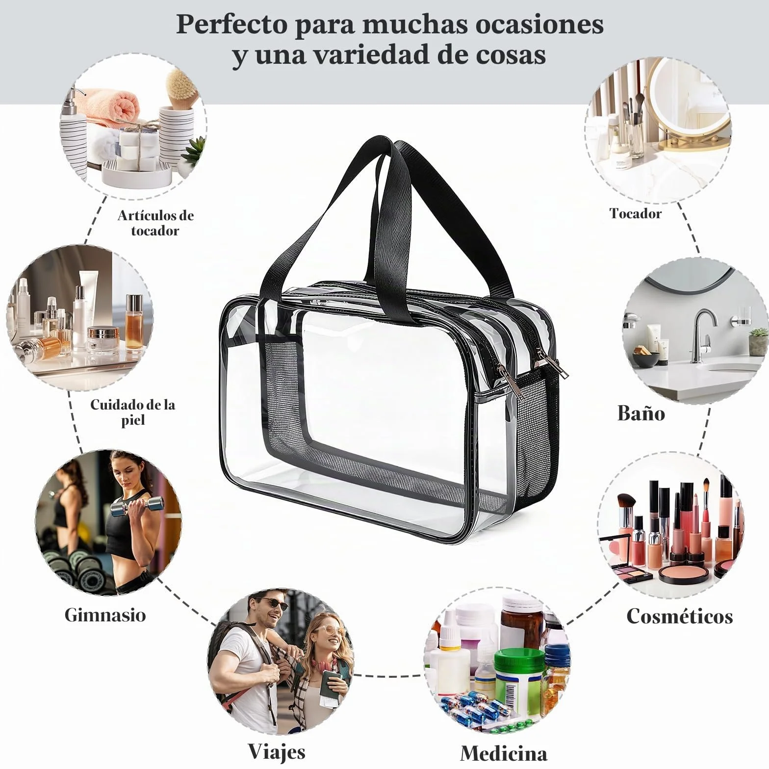 Neceser de viaje transparente grande, 31 x 21,1 x 16 cm, PVC grueso, impermeable, con compartimentos dobles y cremallera, para viajes en avión, mujeres y hombres