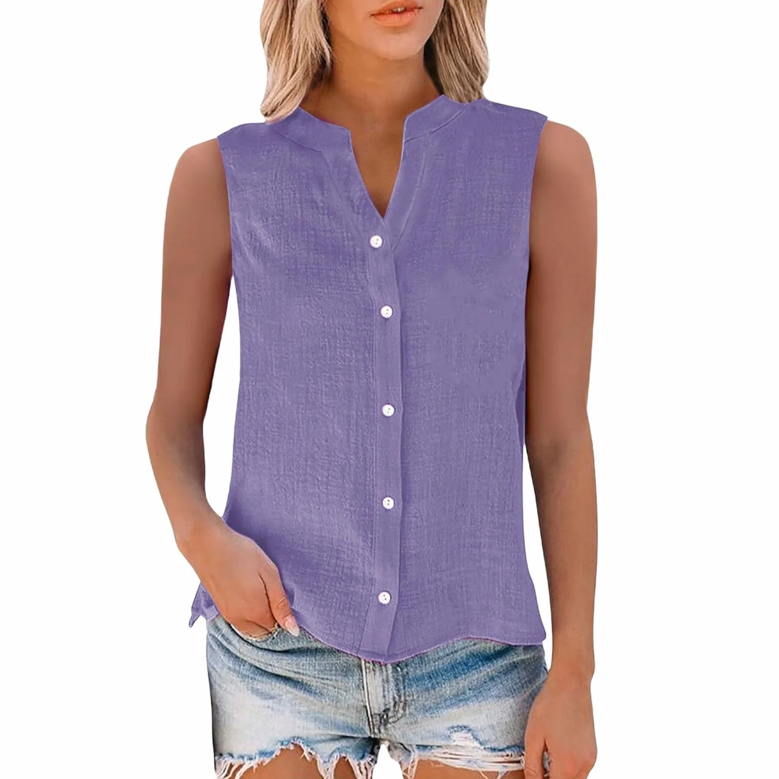 Camisa sin Manga Mujer Algodón Lino Verano Camisetas de Tirantes Blusa Moda Color sólido Casual Chaleco Ligero Transpirable Tank Tops Cuello en V Botones Fiesta Playa Camisa Suelto tee 2025