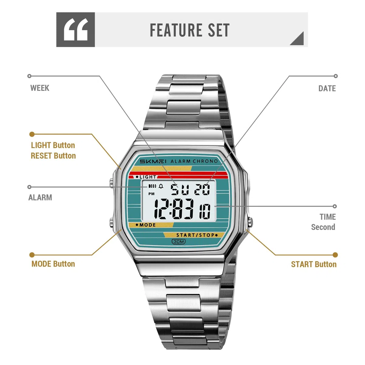 Gosasa Reloj digital retro para hombre y mujer, correa de acero